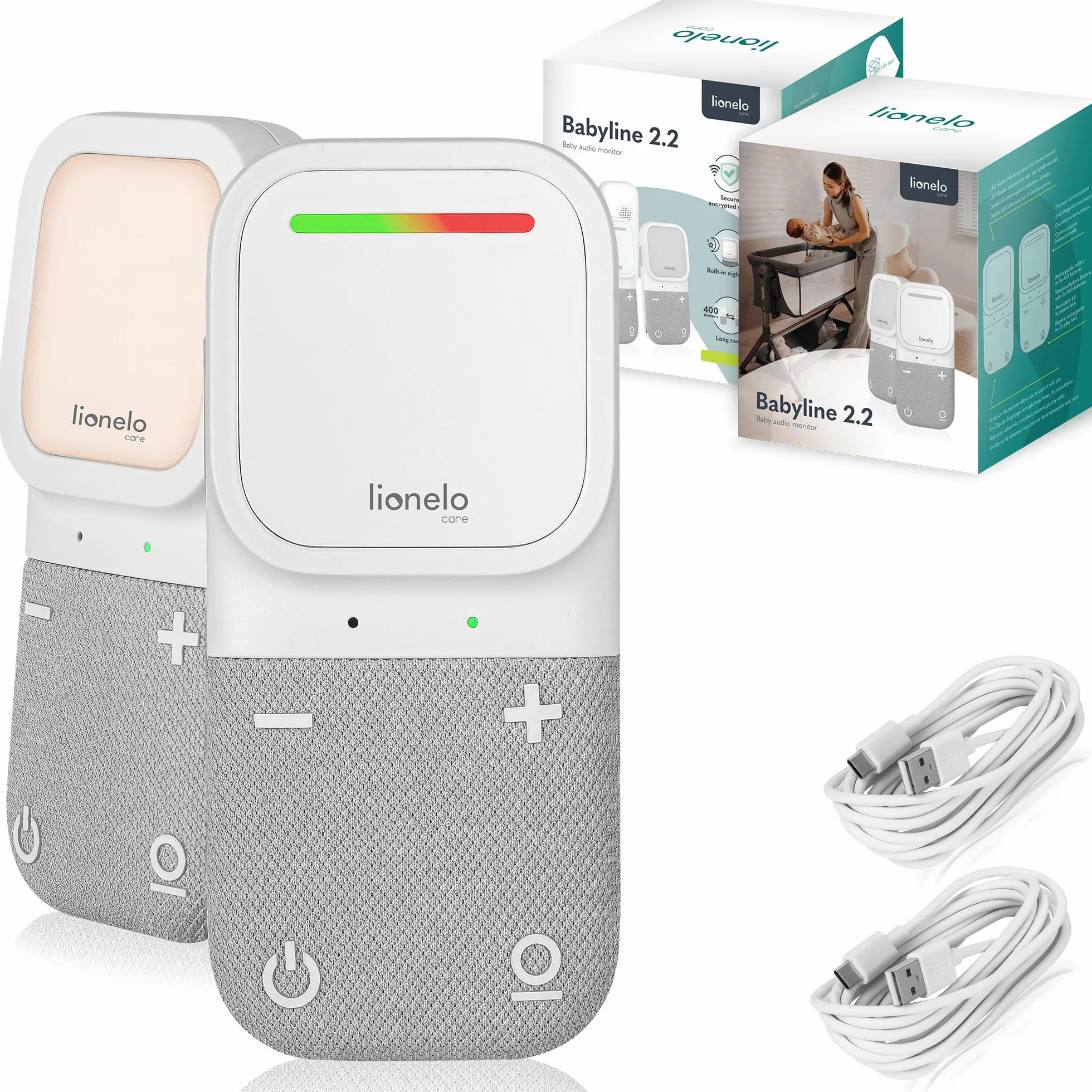 LIONELO Babyline 2.2 Niania Elektroniczna Audio z Lampką Nocną, Zasięg do 400 m Dwustronna Komunikacja Tryb Oszczędzania EcoVox, Alarmy, Bateria do 12 h, Regulacja Głośności