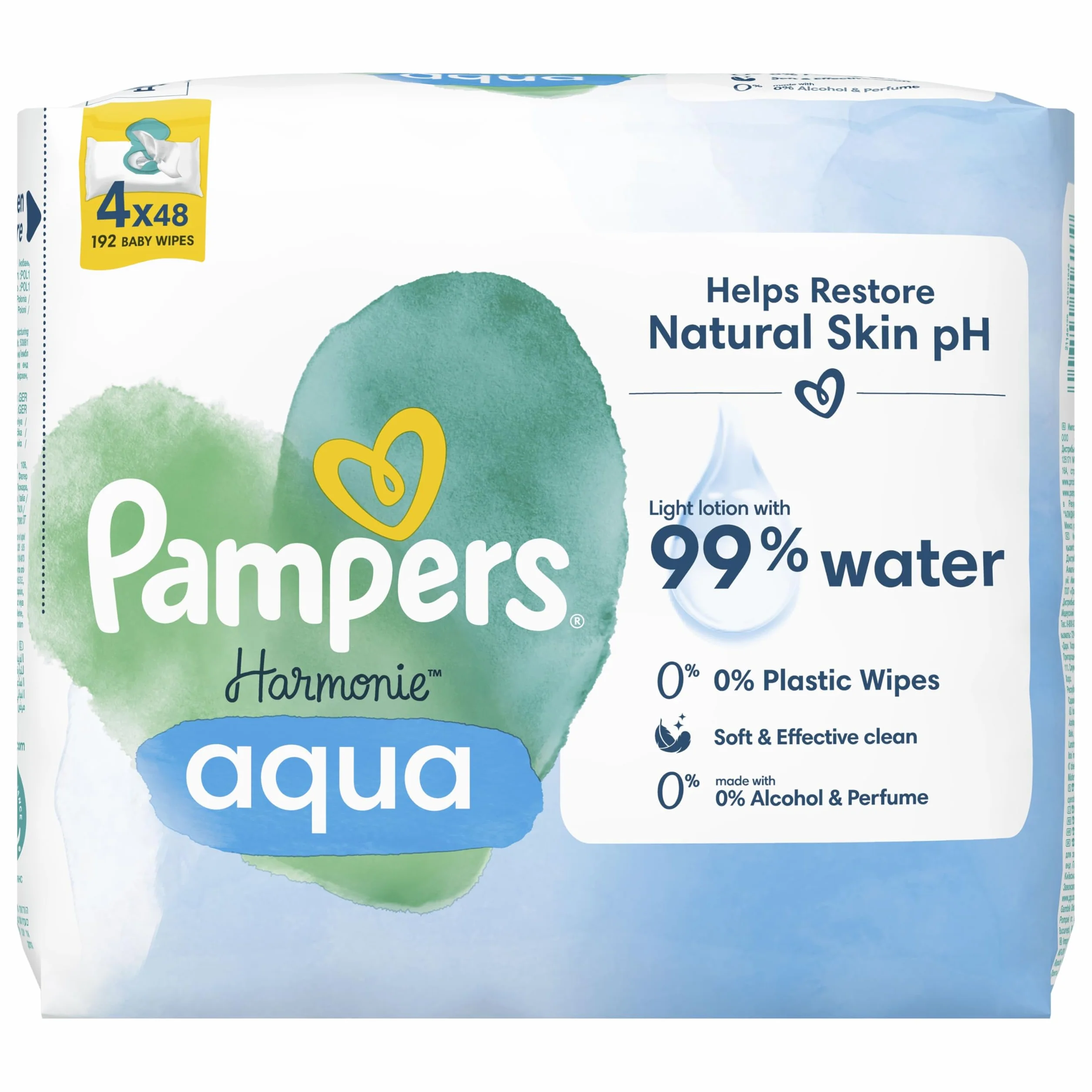 Pampers Harmonie Aqua Chusteczki Nawilżane Dla Niemowląt i Dzieci 576 sztuk (192 sztuk * 3 ), Ochrona Delikatnej Skóry Dziecka, Wykonane w 99% z Czystej Wody