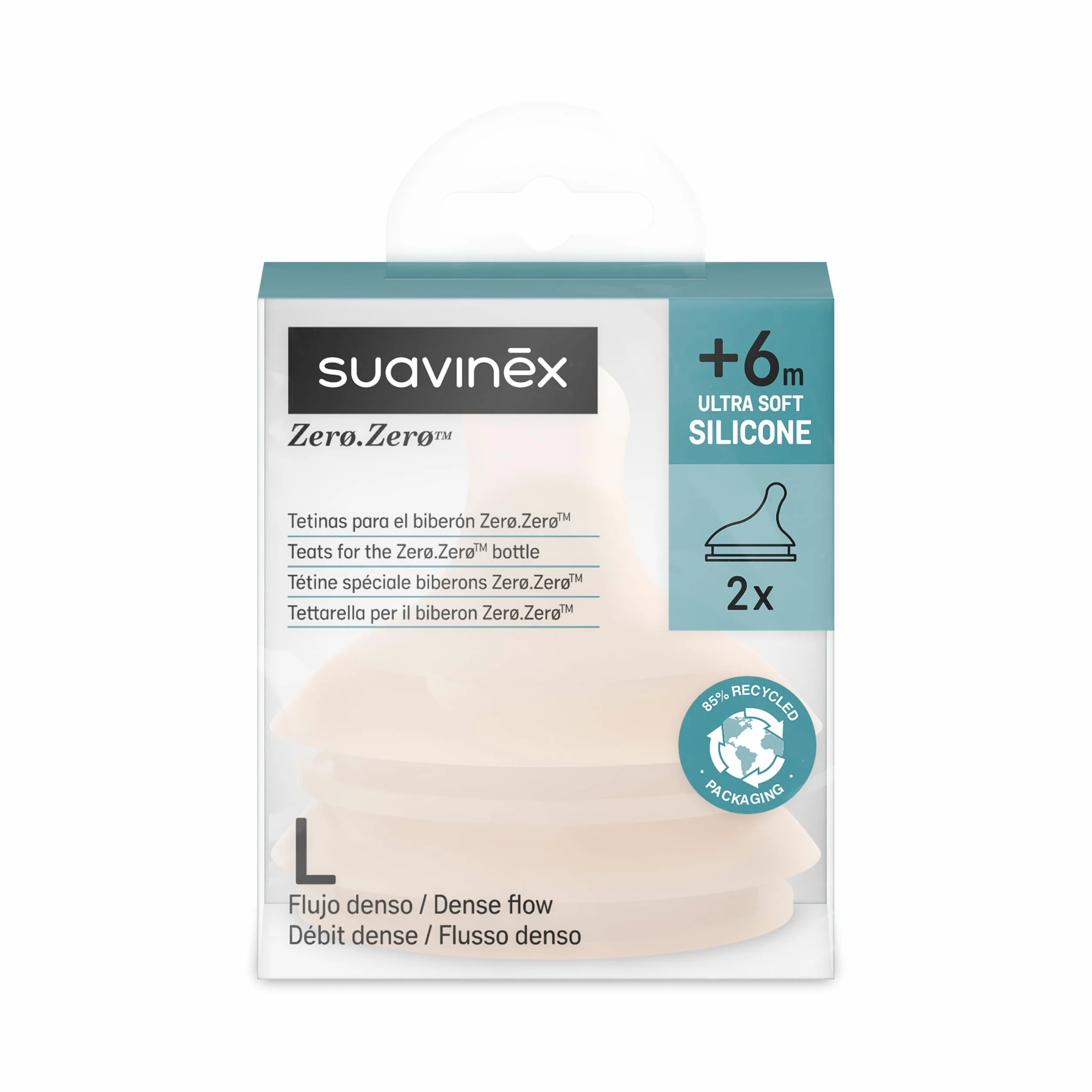 Suavinex, 2-pak smoczek do butelek Zero Zero Anti-Colic dla niemowląt, zapasowy smoczek z gęstym przepływem (L), idealny otwór na gęste płyny, dla dzieci od +6 miesięcy, 2 U