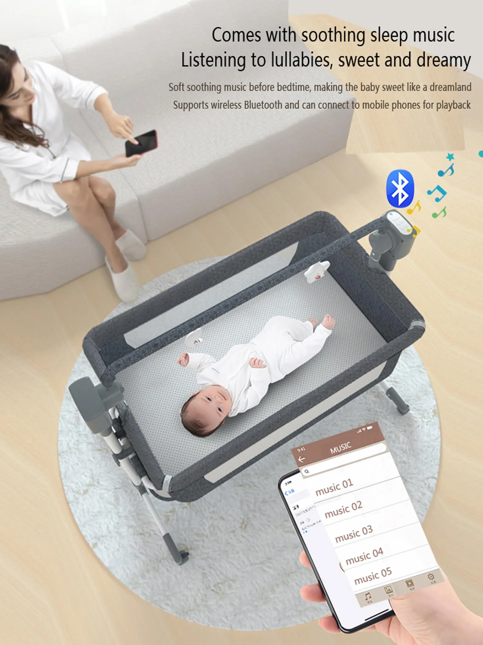 Magic ZC Łóżeczko nocne dla niemowląt, łóżeczko nocne, rozkładana, wielofunkcyjna kołyska z muzyką Bluetooth, 5 kołyszących się biegów, pilot zdalnego sterowania, przenośna, składana huśtawka