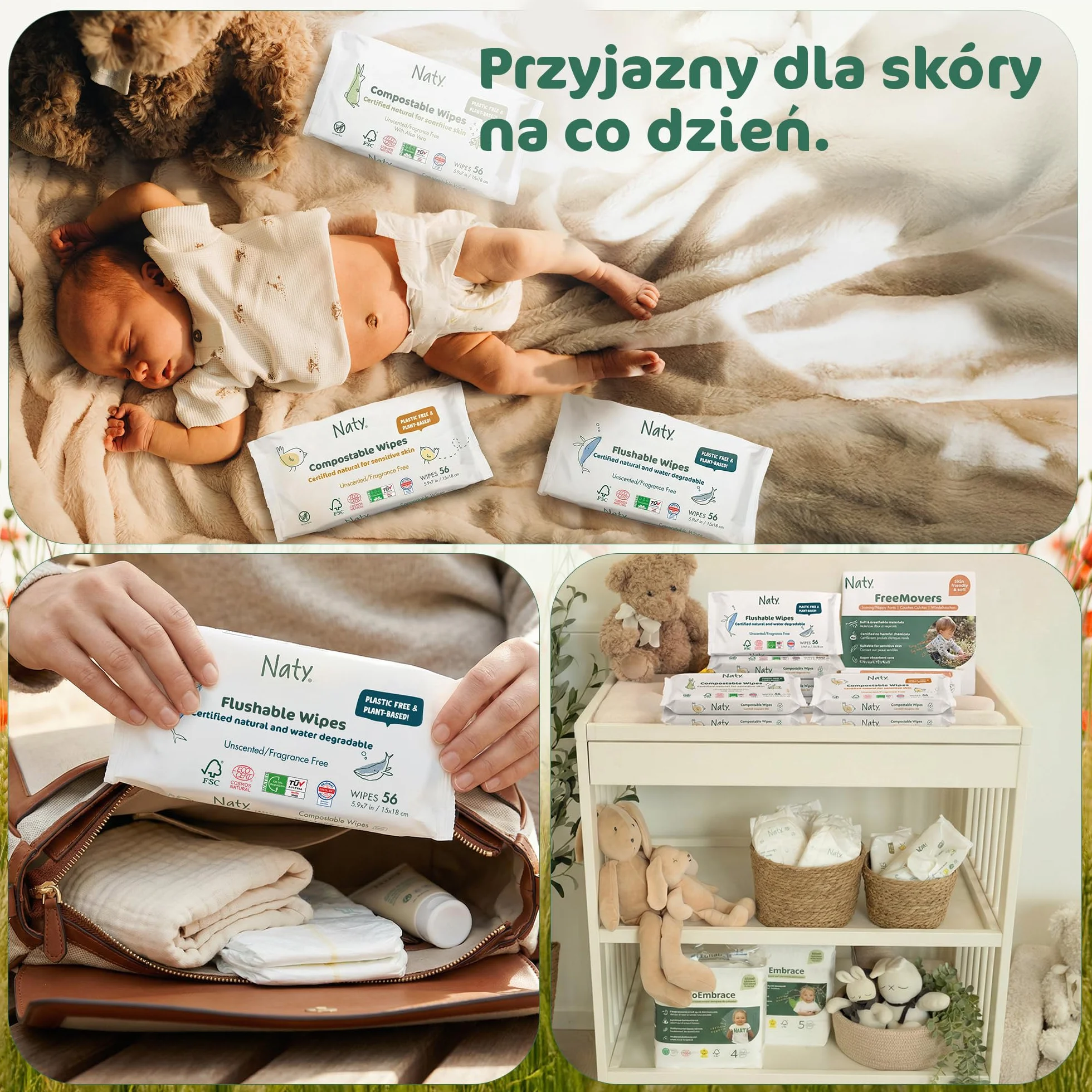 Chusteczki Nawilżane Spłukiwalne | 98% Wody, Hipoalergiczne & Naturalne dla Wrażliwej Skóry | Bez Zapachu, Roślinne | Delikatne Chusteczki Noworodek & Małe Dziecko | 168 sztuk (3 op.)
