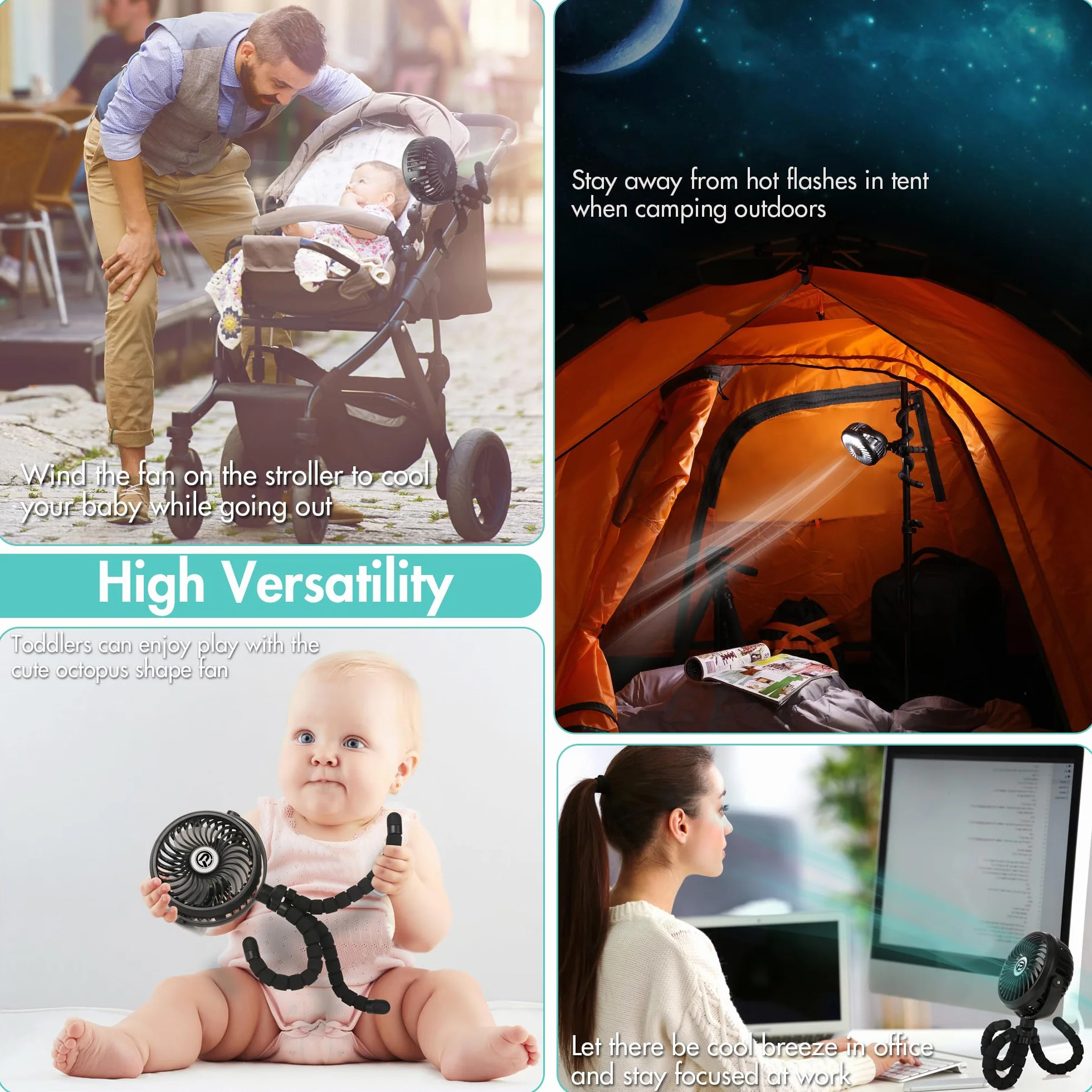 Mini Ventilador USB 2600mAh Batería Oscilante 360° 3 Velocidades Portátil