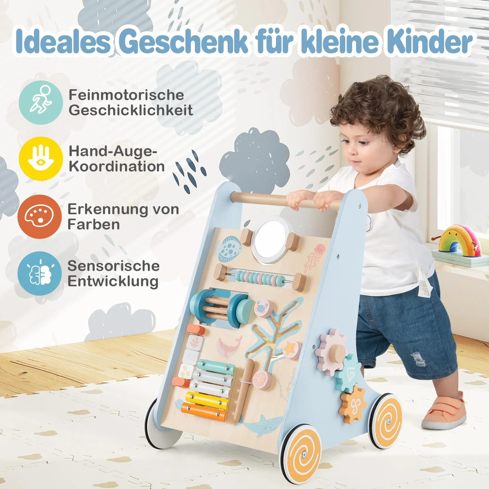GOPLUS Drewniany wózek do nauki chodzenia Montessori z regulacją wysokości dla dzieci od 1 roku