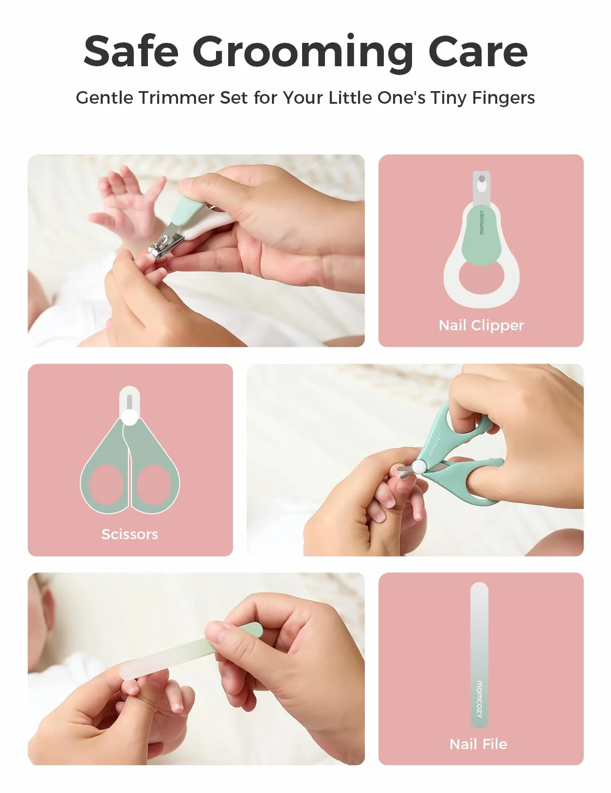 Momcozy Core Baby Kit, podstawowy zestaw dla dziecka do pielęgnacji i zdrowia oraz czyszczenia, zestaw pilniczek do paznokci, aspirator do nosa, rury do odgazowania, szczotki do kąpieli, szczoteczka