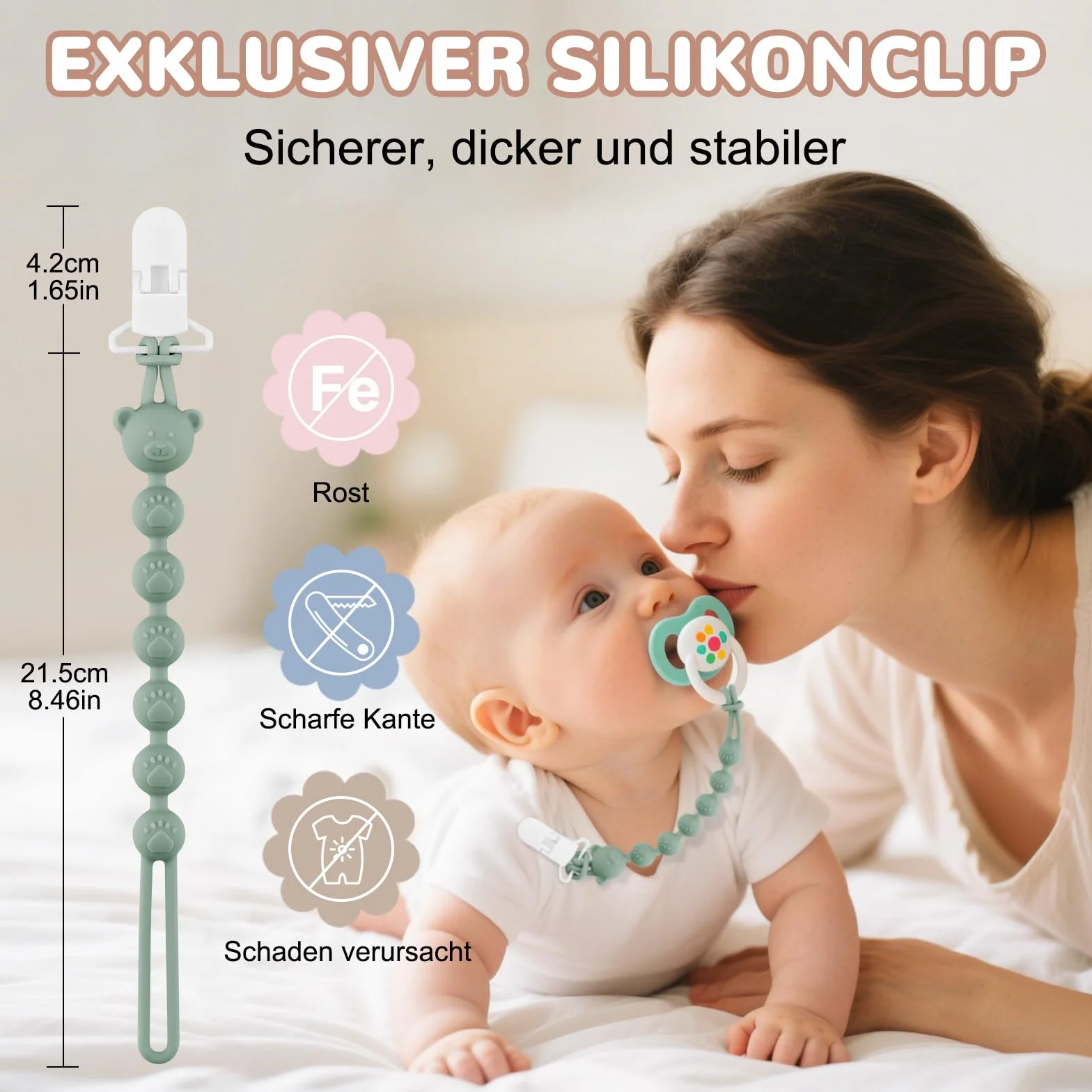 Zestaw 4 silikonowych łańcuszków na smoczek dla niemowląt z klipsem zabezpieczającym