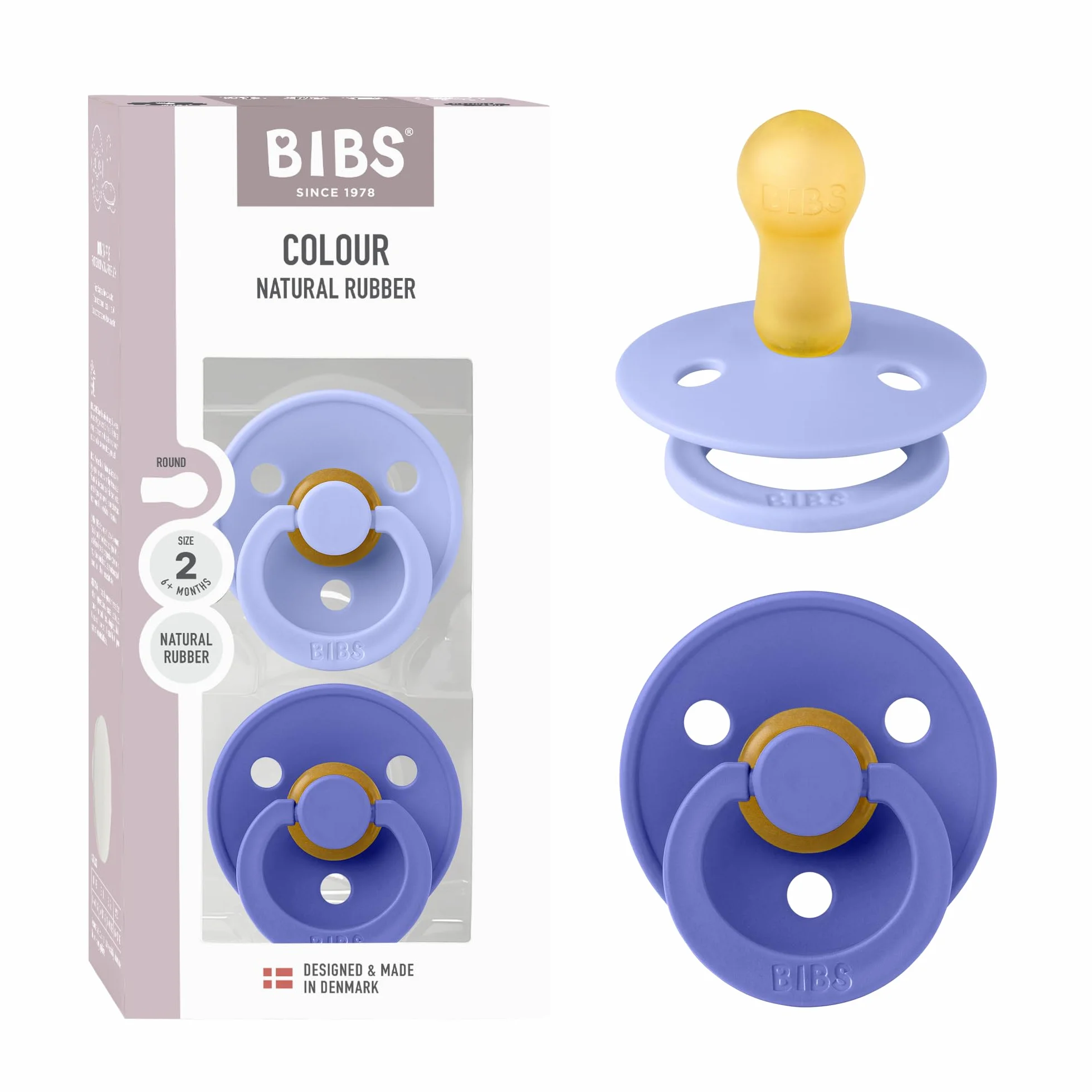 BIBS Colour Smoczek, 2 szt., Bez BPA, Okrągły kształt gumowej główki. Lateks z kauczuku naturalnego, Wyprodukowano w Danii, Rozmiar 2 (6-18 miesięcy), Hush/Grape