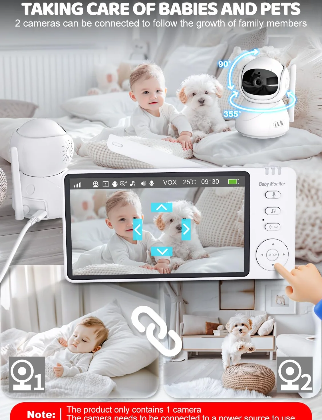 Baby Monitor 720P HD Kamera dla niemowląt z Pan-Tilt Zoom Wizja nocna VOX Intercom