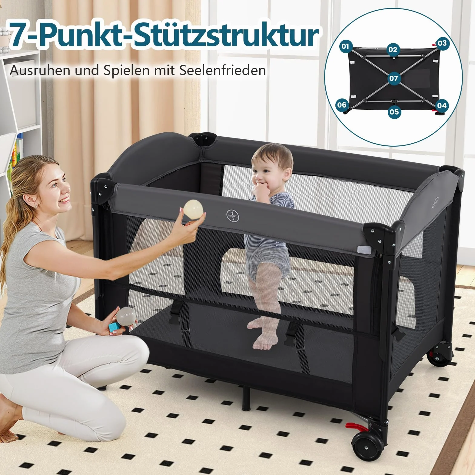 COSTWAY Łóżko dostawne 5 w 1 dla niemowląt z materacem i regulacją wysokości