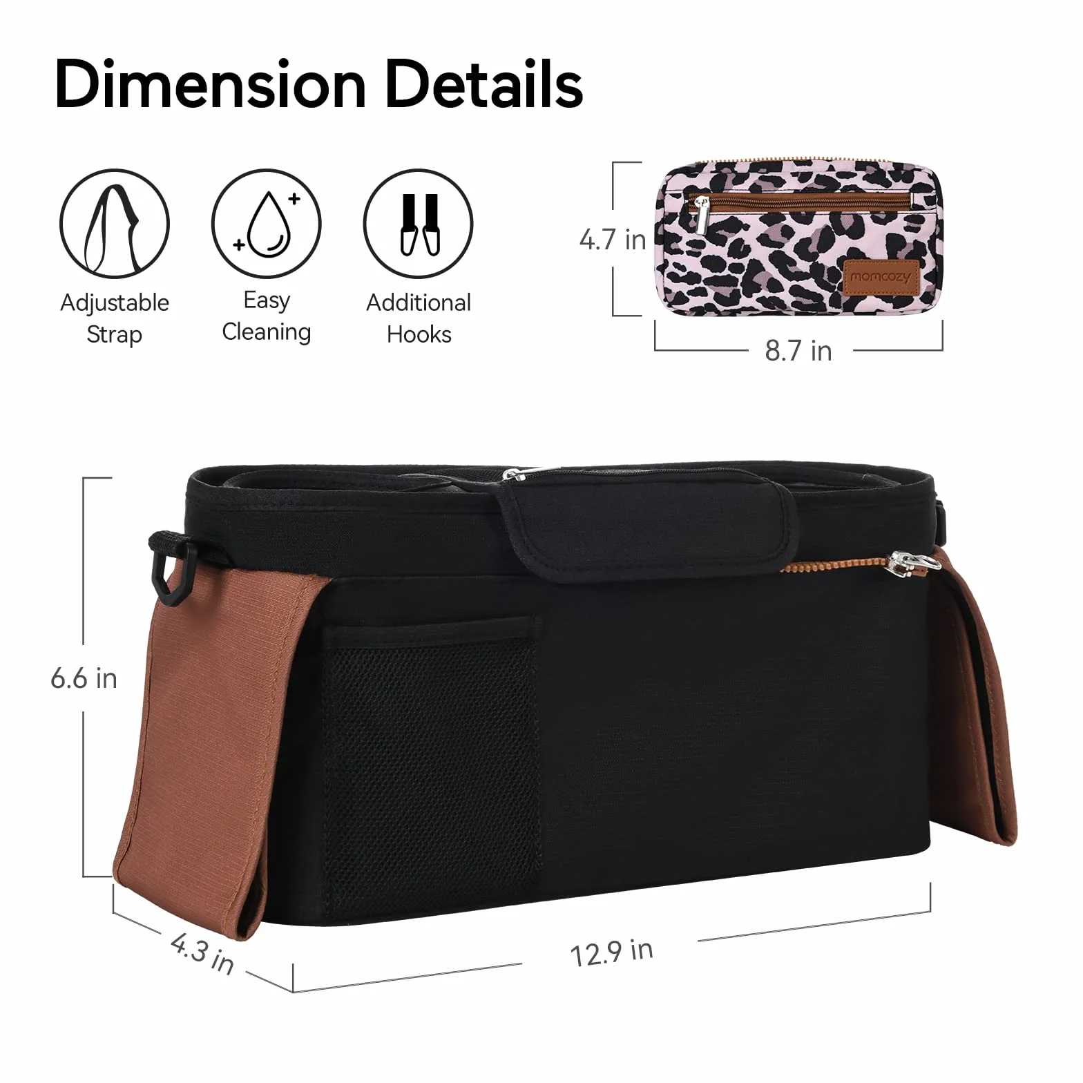 Organizer do wózka spacerowego Momcozy Torba na wózek Organizator wielofunkcyjny na wózek dziecięcy z odpinanym kieszeniem, kieszenią na telefon komórkowy, 2 uchwytami na kubki i paskiem na ramię