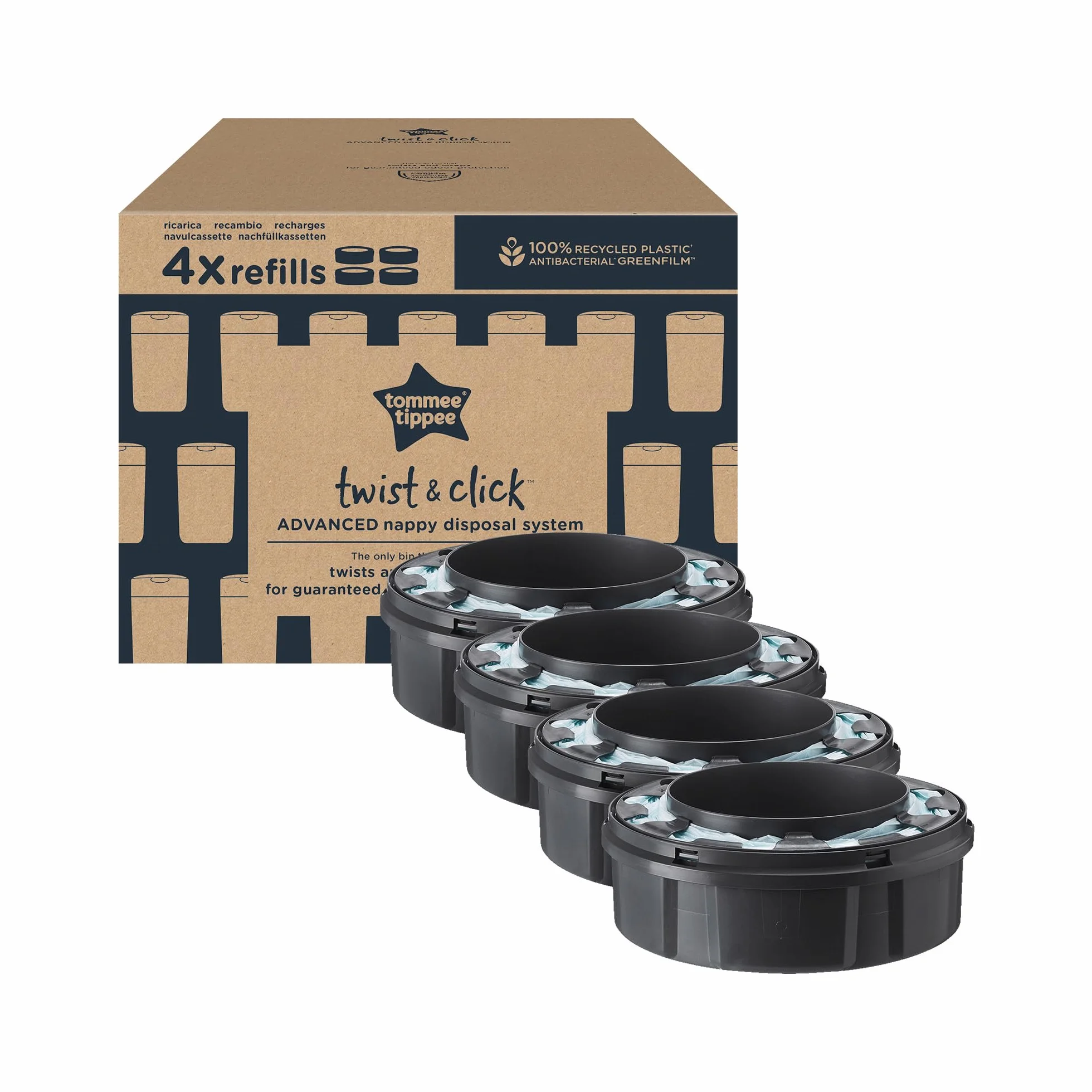 Tommee Tippee Twist and Click Advanced Nappy Bin oryginalne kasety uzupełniające, ekskluzywne opakowanie 4 sztuk, łatwe napełnianie i świetna wartość (opakowanie może się różnić)