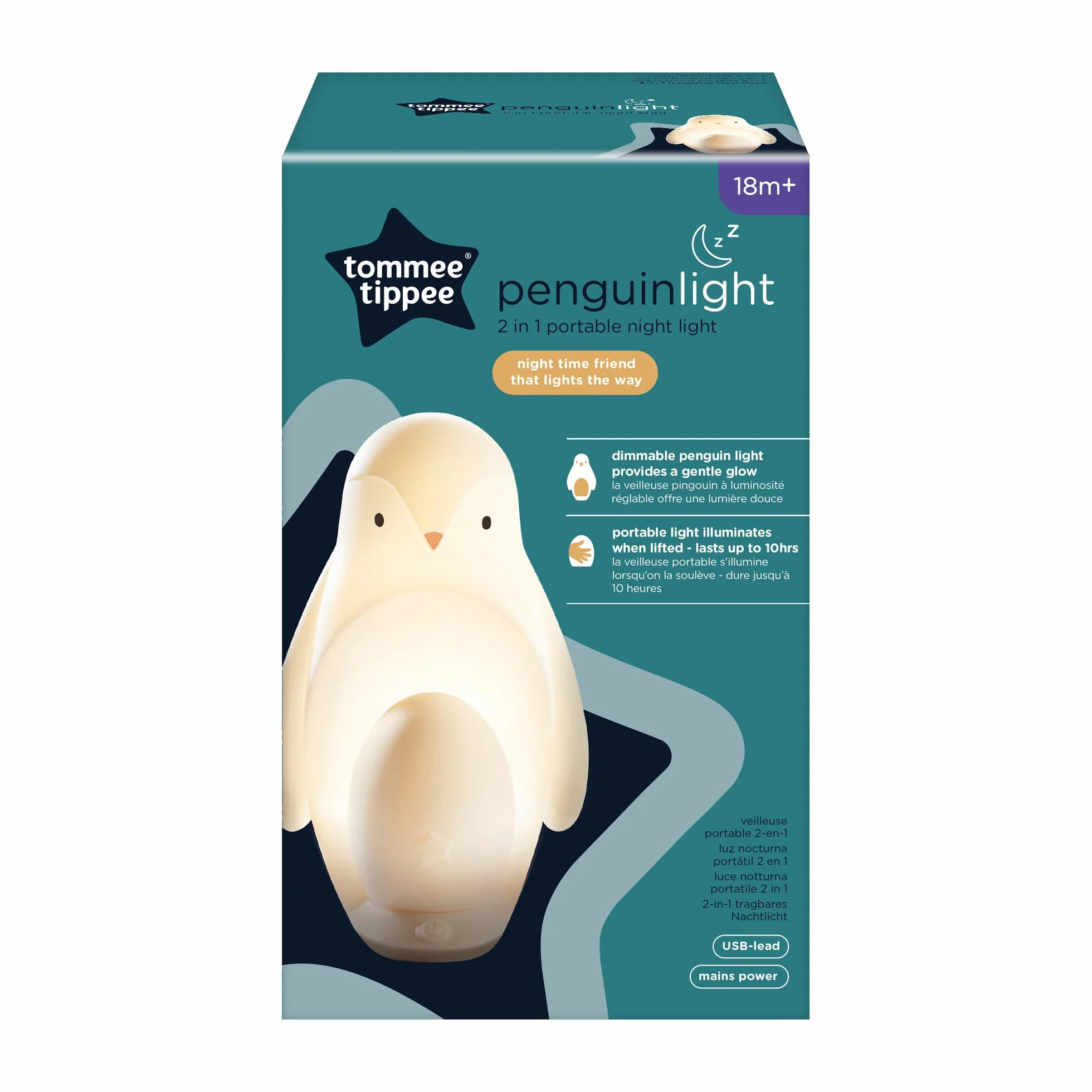 Tommee Tippee 2-in-1 Portable Penguin Nursery Night light with Portable Egg Light, Adjustable Brightness, USB-Powered