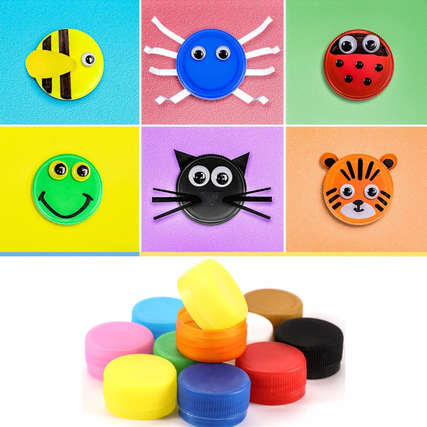 100 sztuk kolorowych zakrętek do butelek, plastikowe pokrywki na butelki, 3 cm, dekoracyjne pokrywki na butelki DIY, do przedszkola, szkoły, projektów rzemieślniczych (10 kolorów (nie czarno-białe)