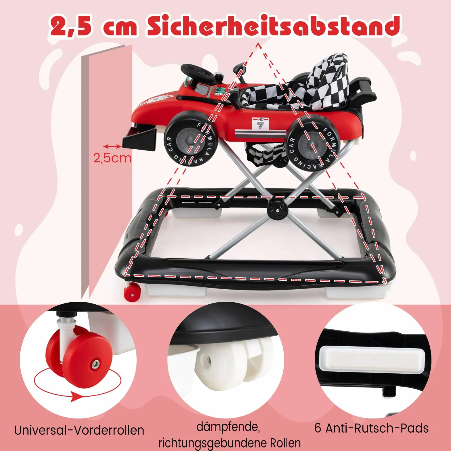 COSTWAY Pomoc w nauce chodzenia 4 w 1, wózek do nauki chodzenia, składany z regulacją wysokości, Baby Walker w kształcie samochodu z kierownicą i pozytywką, wózek z kółkami dla dzieci w wieku 6-18