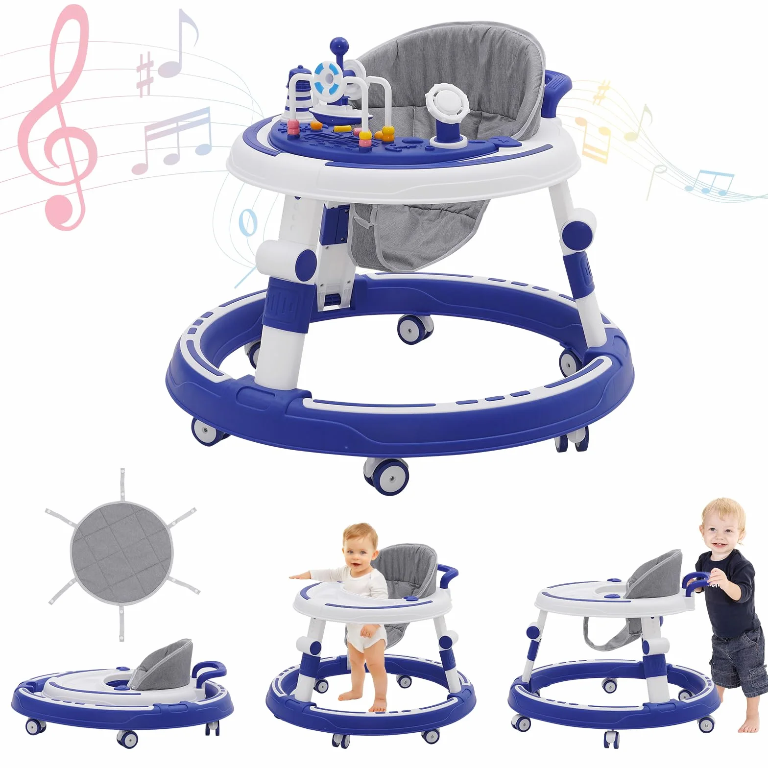 5 w 1 chodzik Baby Walker, z regulacją wysokości, składane, 360°, z muzyką i zdejmowaną tacą, nadaje się dla dzieci od 6 miesięcy
