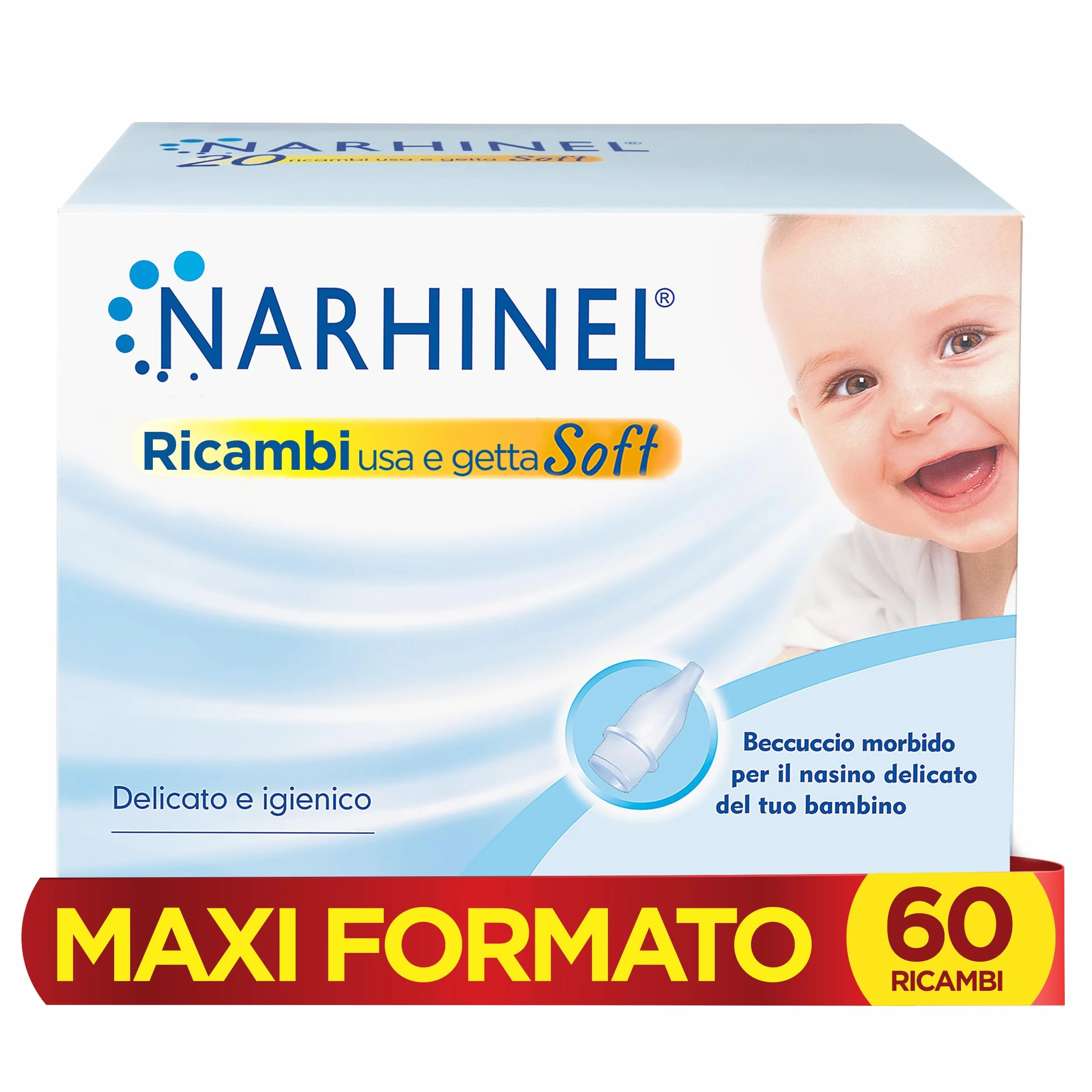 Narhinel MAXI ROZMIAR 60 miękkich części do ssania nosa dla niemowląt i dzieci z chłonnym filtrem higienicznym do zatrzymywania śluzu, opakowanie 60 jednorazowych części
