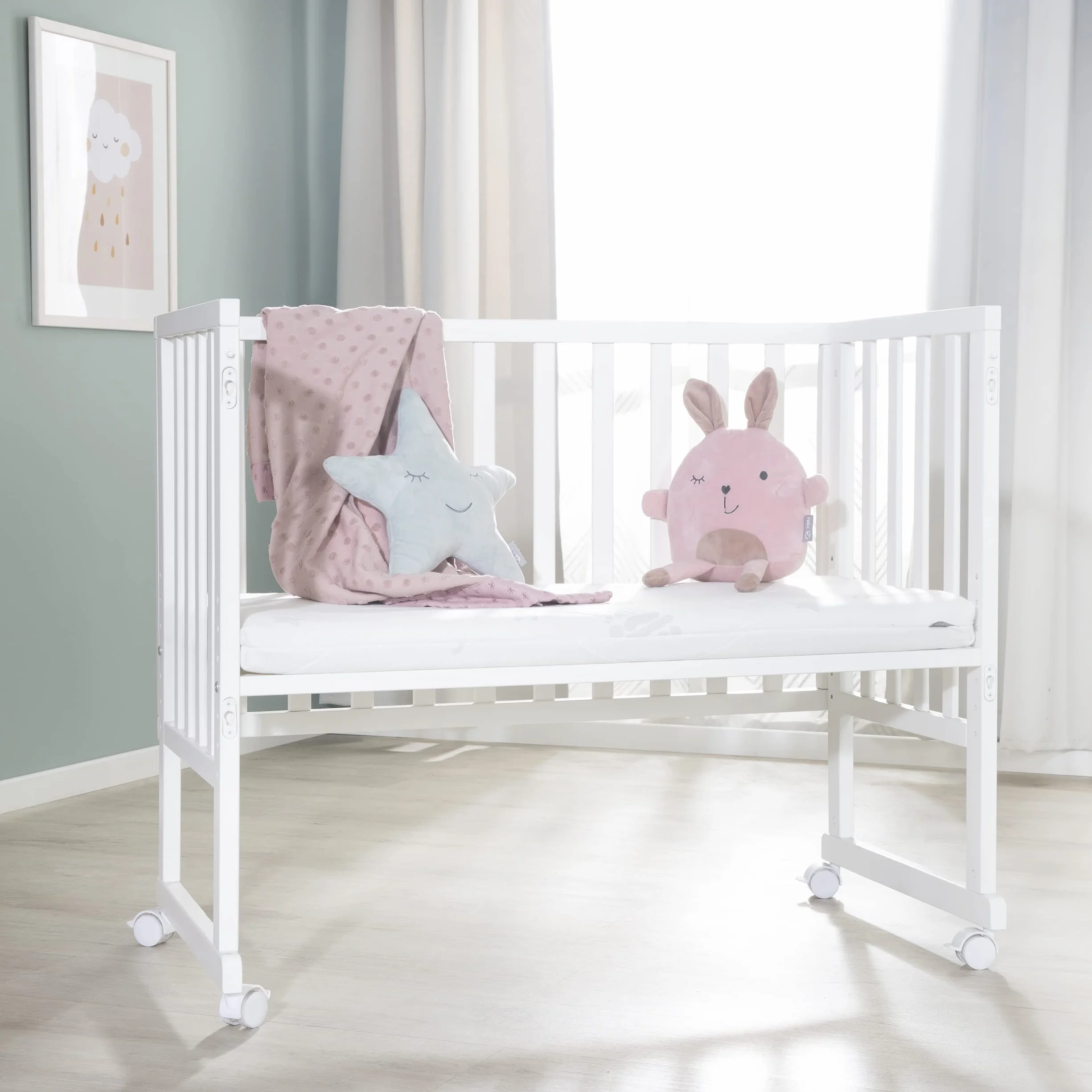 roba Łóżeczko pokojowe i przyścienna kołyska safe asleep 3 w 1-45 x 90 cm - Regulowana wysokość - Zestaw łóżeczka dla niemowląt - Drewno w kolorze białym