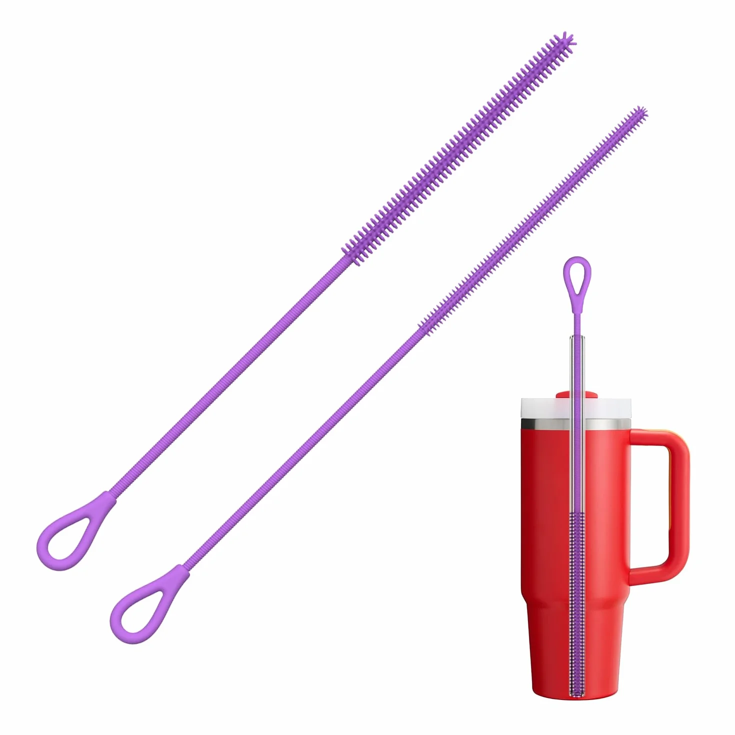 Silikonowa szczotka do słomek, 2 sztuki, wielokrotnego użytku, do szklanych, metalowych słomek, słomek smoothie i kubków do picia, giętki uchwyt, antypoślizgowy uchwyt, 6 mm + 9 mm, fioletowa