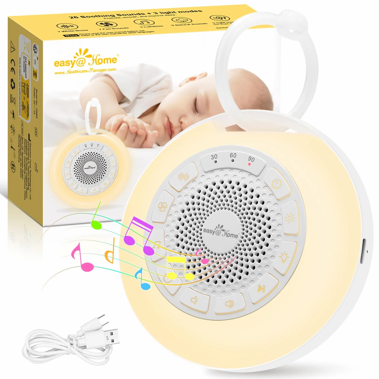 Easy@Home White Noise Machine: Przenośna pomoc w zasypianiu dzieci z białym hałasem | Lampka nocna | 26 kojących kołysanek i dźwięków natury | 3 ustawienia timera | 7 kolorowych oświetlenia i USB