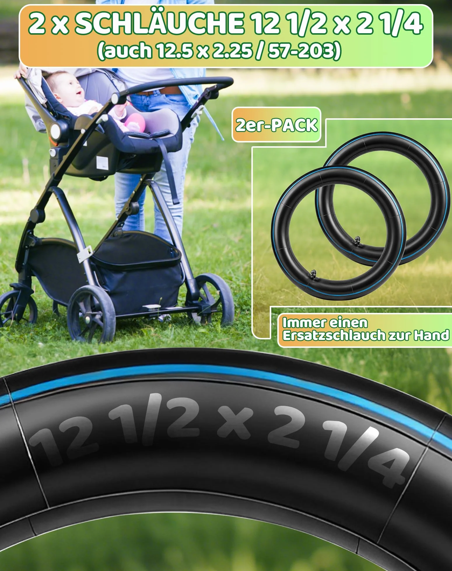LAOYE Dętka 2 szt. 12 cali 12 1/2 x 2 1/4 (57-203) z zaworem kątowym 90° 12,5 x 2,25 do wózków dziecięcych, rowerów dziecięcych, rowerów trójkołowych, roweków biegowych, wewnętrznych dętek rowerowych