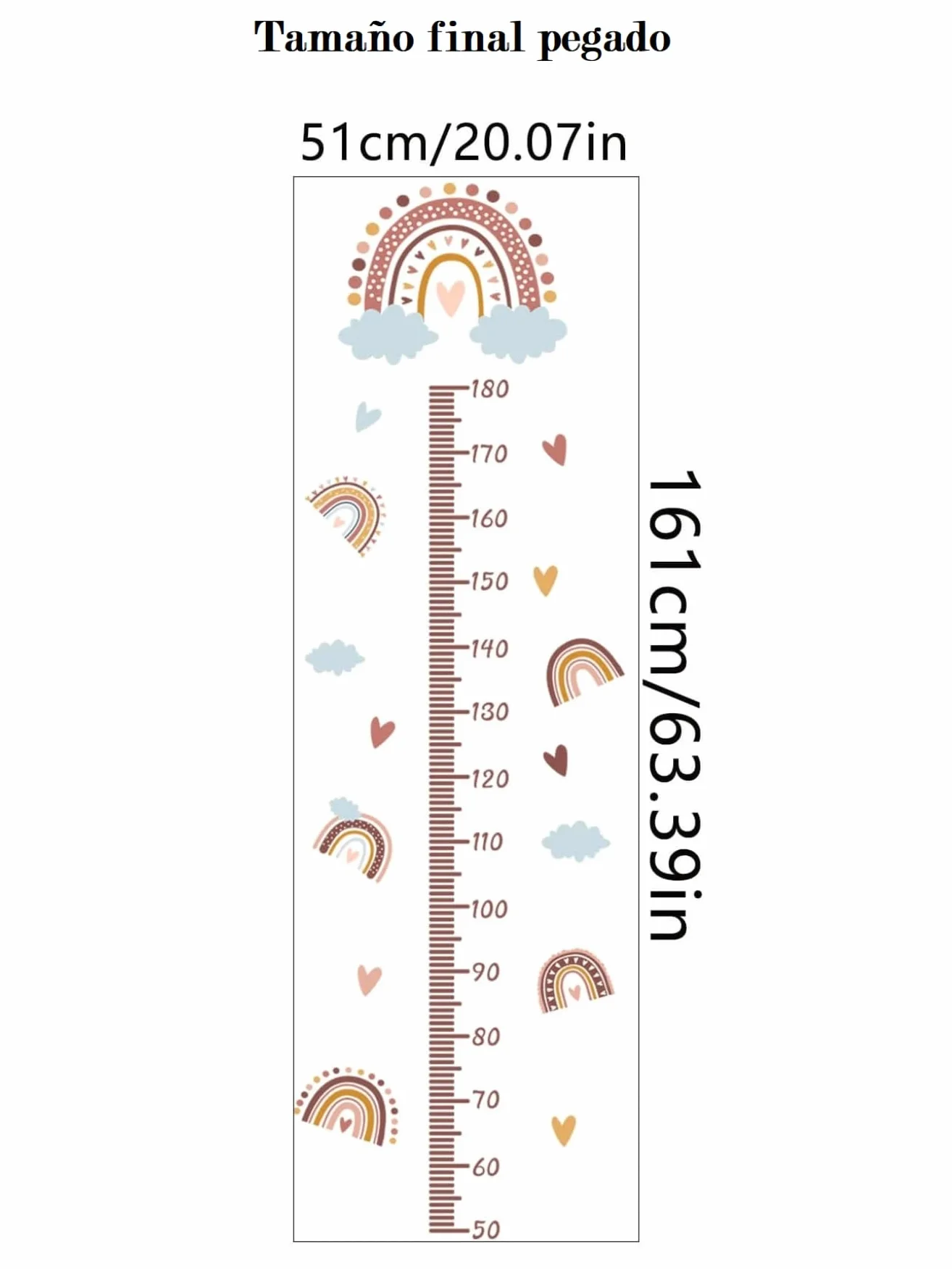 Klej Linijka Wzrost Dziecka z Rainbow and Chmurs Design - Mierzy do 180cm wzrostu