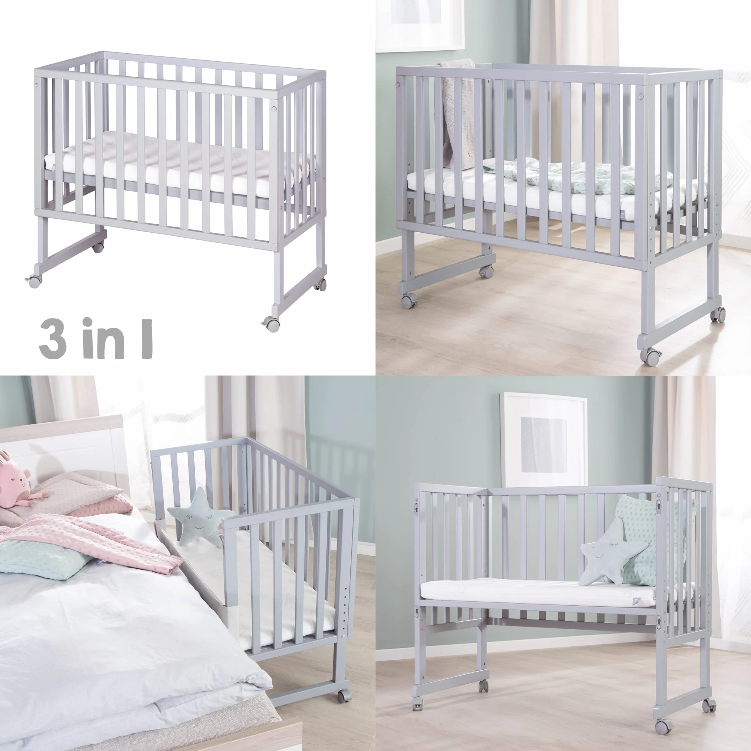 roba Cododo Łóżko 45 x 90 cm safe asleep 3 w 1 - Regulowana wysokość - Kompletny zestaw z łóżeczkiem, materacem, płotą płócienną i kółkami hamulcowymi - drewno szare