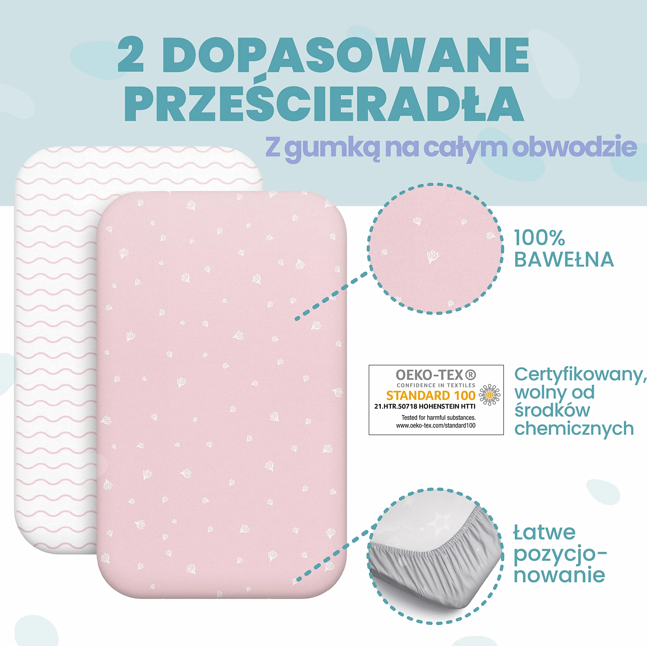 Zestaw 2 x 100% Bawełniane Prześcieradła z Gumką - 1 x 100% Wodoodporny Pokrowiec na Materac - Zestaw 3-55x90cm - Różowy