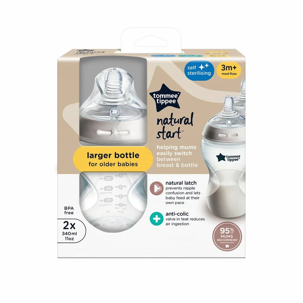 Tommee Tippee Butelka dla niemowląt, naturalna butelka antykolkowa, 340 ml, smoczek imitujący kształt piersi dla naturalnego trzymania ust, zestaw 2 szt
