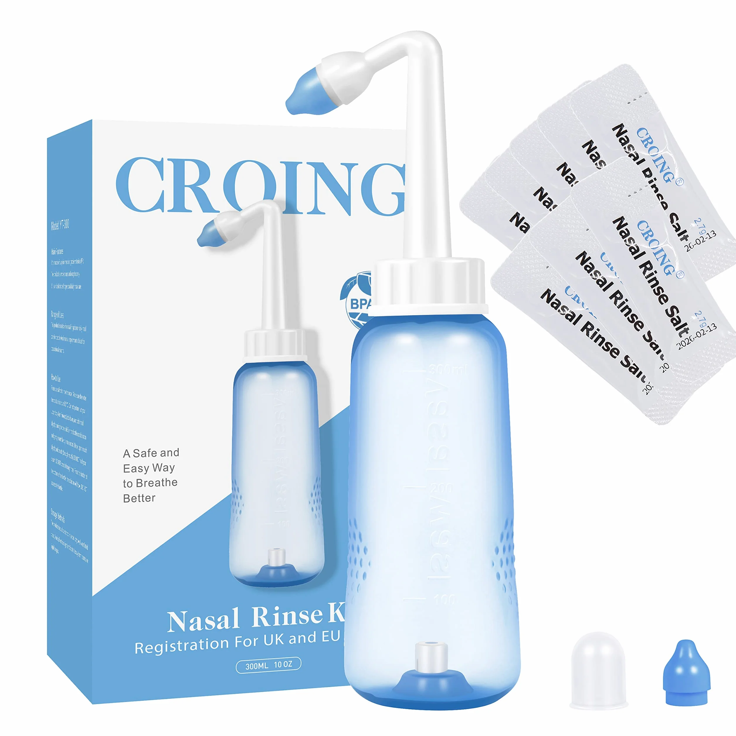 CROING 80 x mieszanka do płukania zatok + 1 x butelka do płukania nosa (300 ml), zestaw saszetek do płukania nosa, sól neti, nawadnianie nosa, douche do nosa, ulga w zatokach, neti-pot