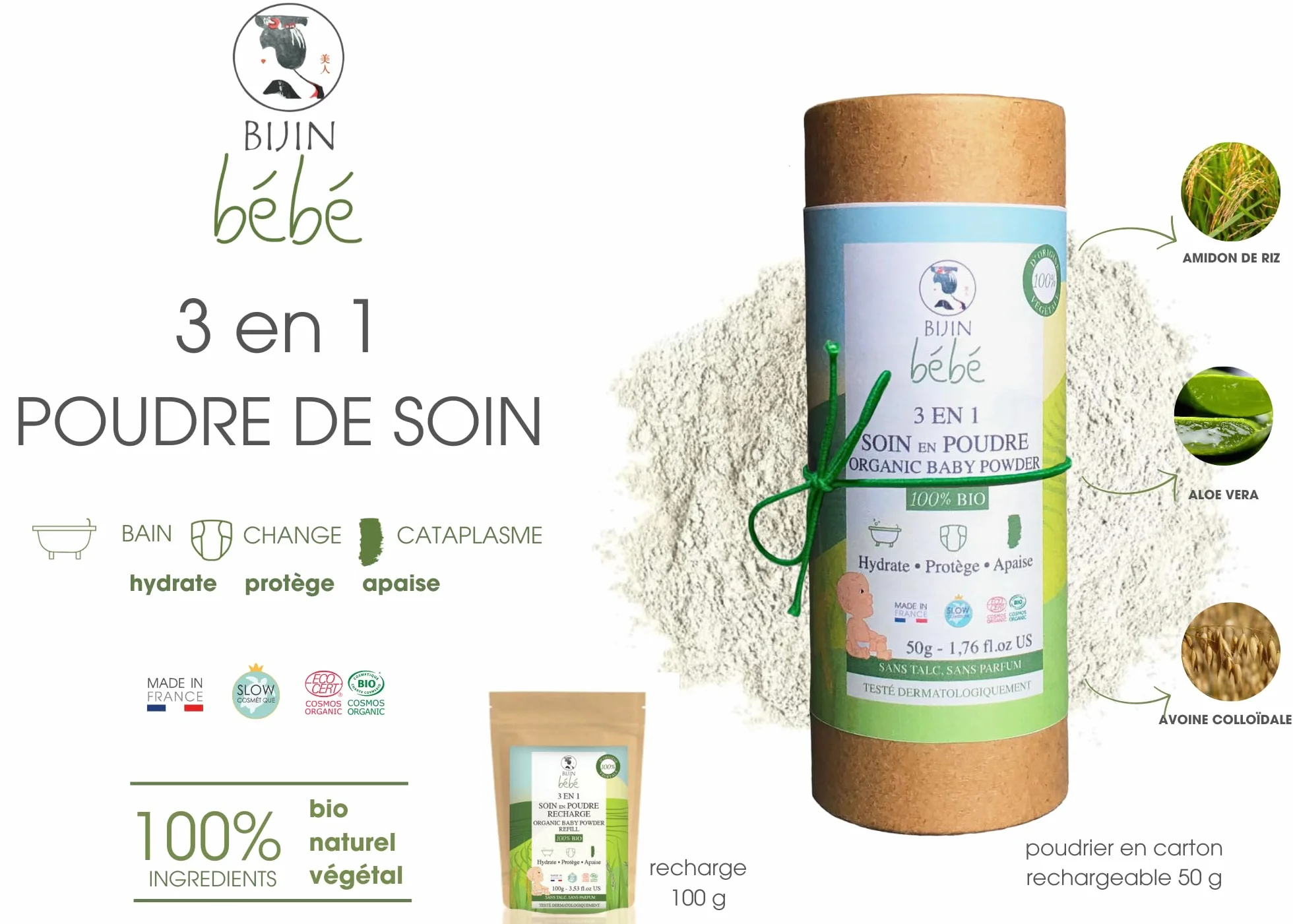 Proszek dla niemowląt bez talku, organiczny proszek do pielęgnacji niemowląt 3 w 1, 50 g, wymiana, kąpiel i pielęgnacja (100 g)