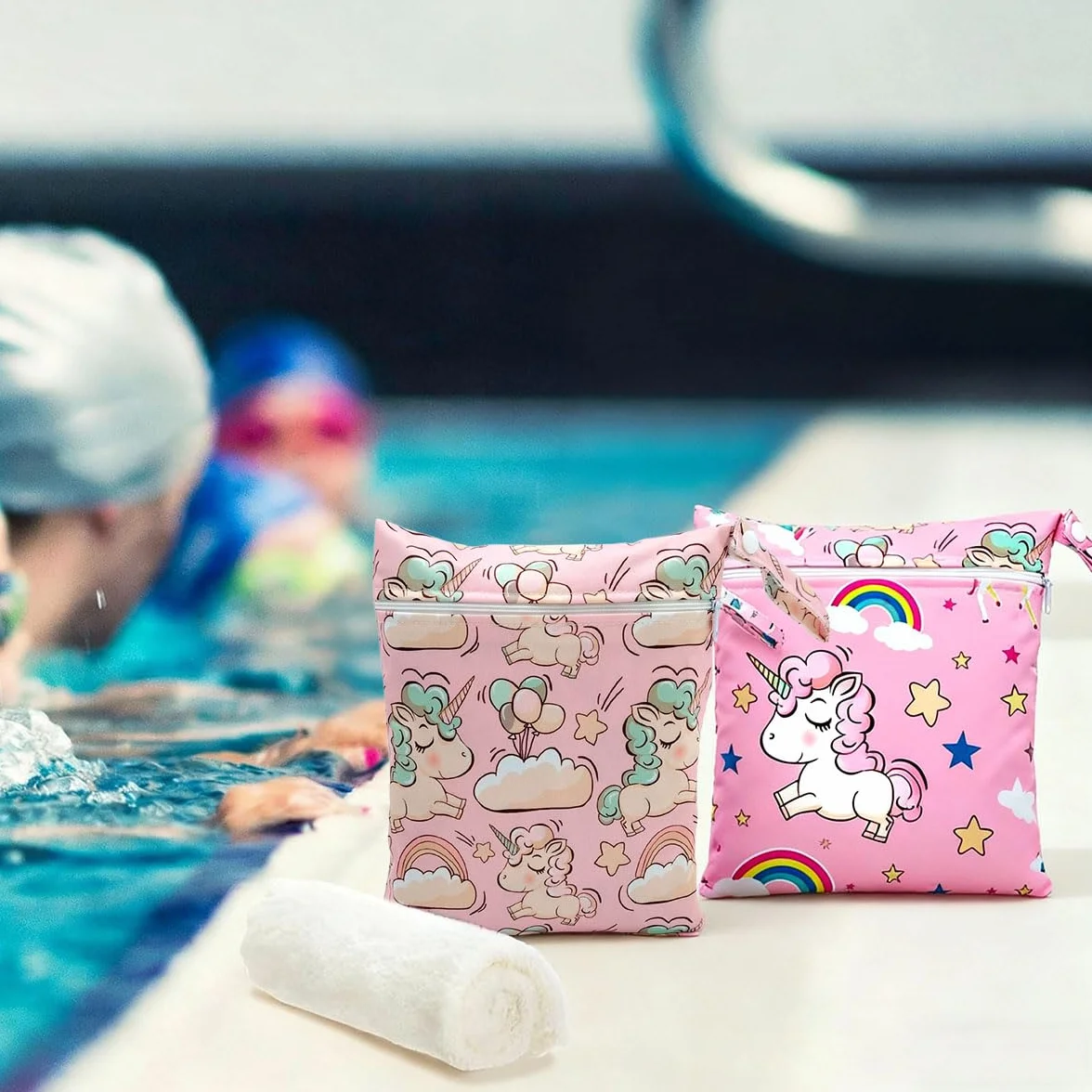 Wetbag torba na mokro do przedszkola, 2 sztuki, różowa jednorożec, wodoszczelna, przenośna, torba na pieluchy w podróży, mała torba na mokre rzeczy kąpielowe, wielokrotnego użytku, torba do