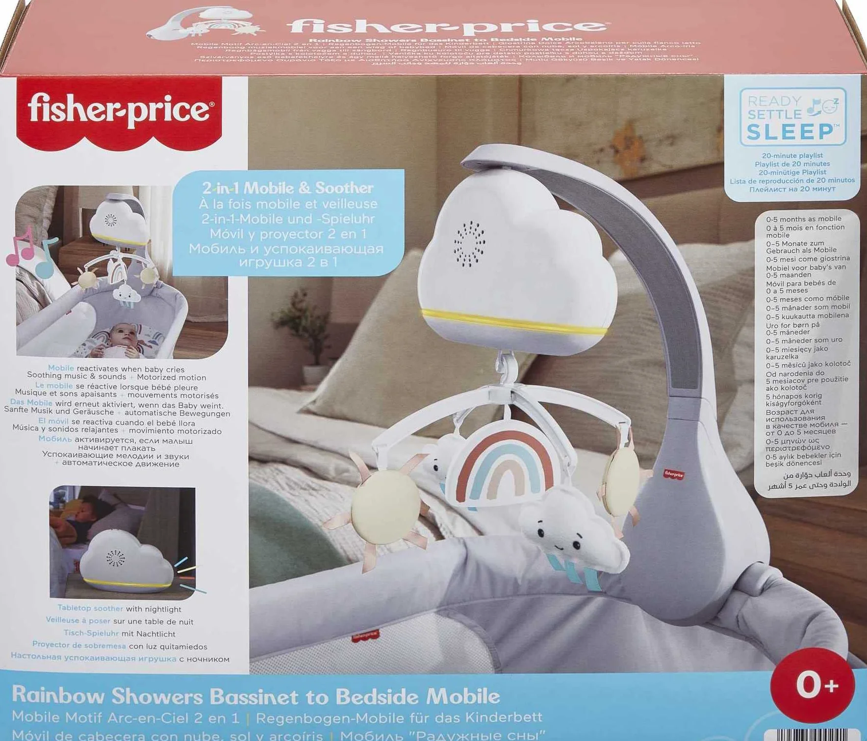 Fisher-Price Chmurkowa tęcza Uspokajacz karuzelka, uspokajacz na szafkę i zabawka z dźwiękami dla dzieci od narodzin, HBP40