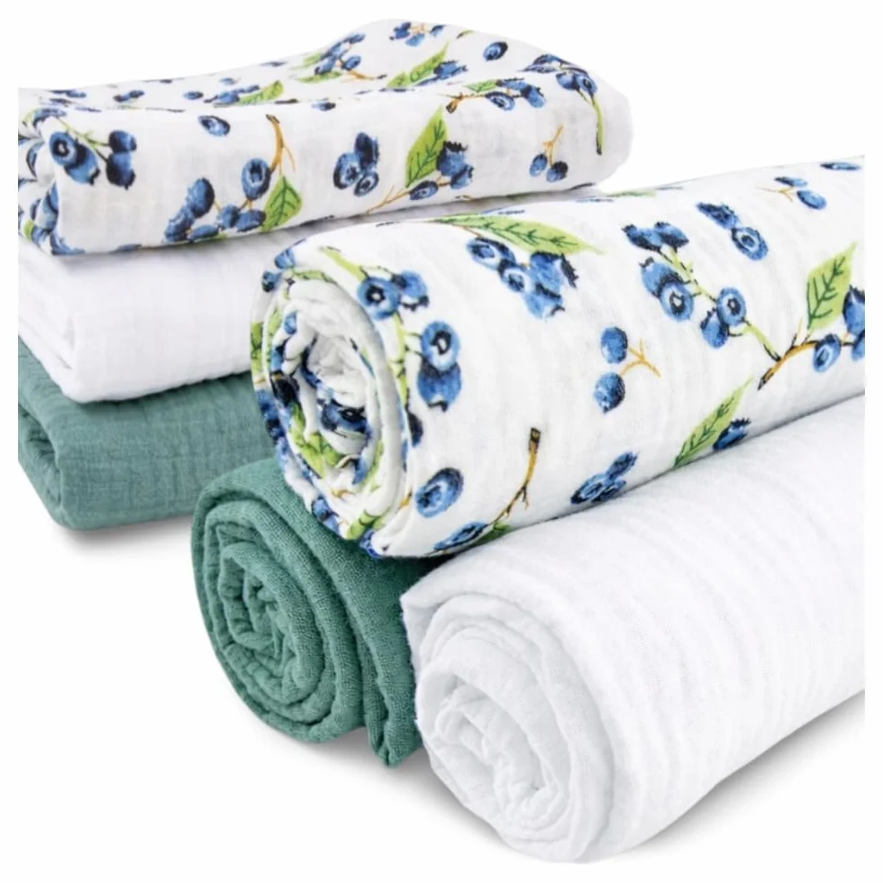 PLUMERI Pieluszki muślinowe 70x70 cm, zestaw 3 szt., Biały, Borówki, Zielony – 100% muślin bawełniany ok. 120 g/m², OEKO-TEX, śliniaki, otulacze, prezent na narodziny