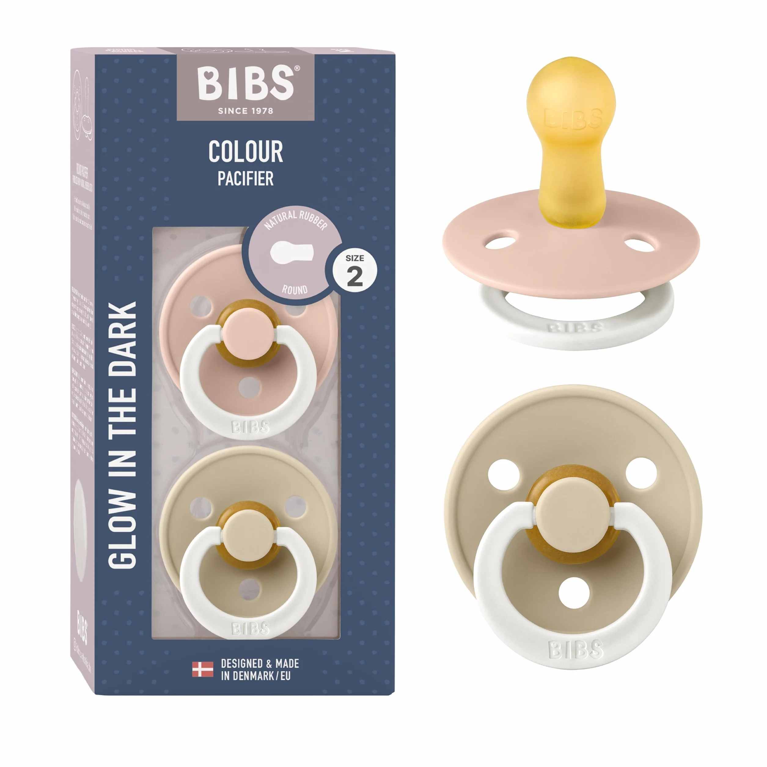 BIBS Colour Night Smoczek, 2 szt., Bez BPA", Okrągły kształt gumowej główki. Lateks z kauczuku naturalnego, Rozmiar 2 (6-18 miesięcy), Blush NIGHT/Vanilla NIGHT