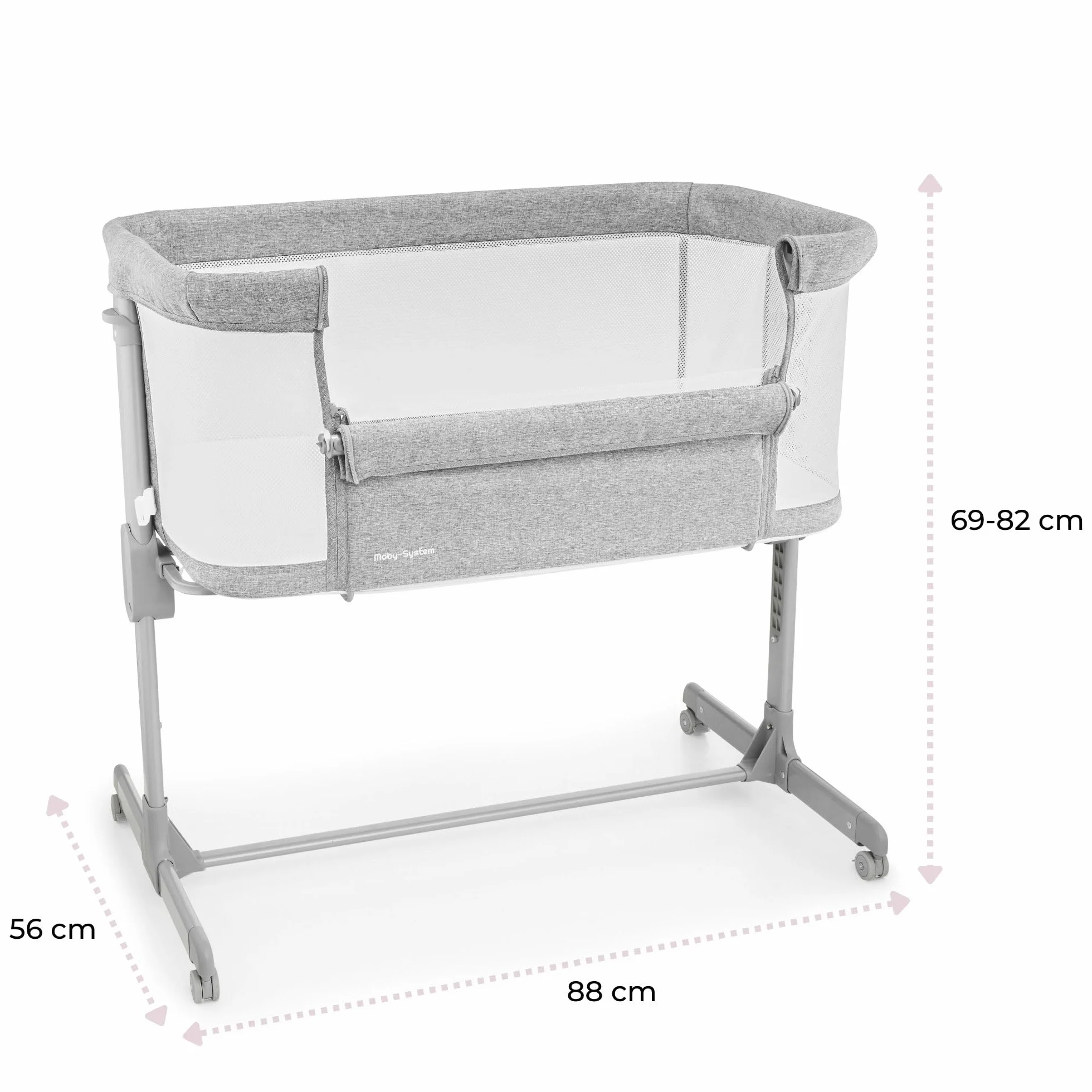 Moby-System Łóżeczko Dostawne LUNA 3w1 Kolor Szary, dla Dzieci do 9 kg, 7-Poziomowa Regulacja Wysokości, 4 Kółka Transportowe, Odpinana Ścianka Boczna
