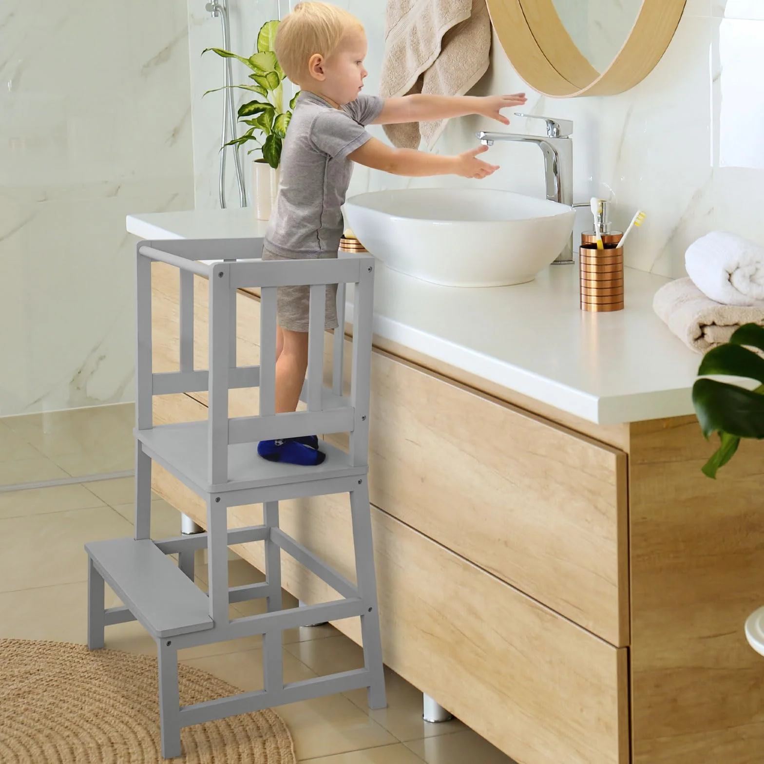 COSYLAND Wieża edukacyjna dla dzieci, certyfikat FSC®, naturalny bambus, stylowa, ochrona przed przewróceniem, najwyższe bezpieczeństwo, wieża do nauki Montessori od 1 roku życia, do kuchni, stołu i