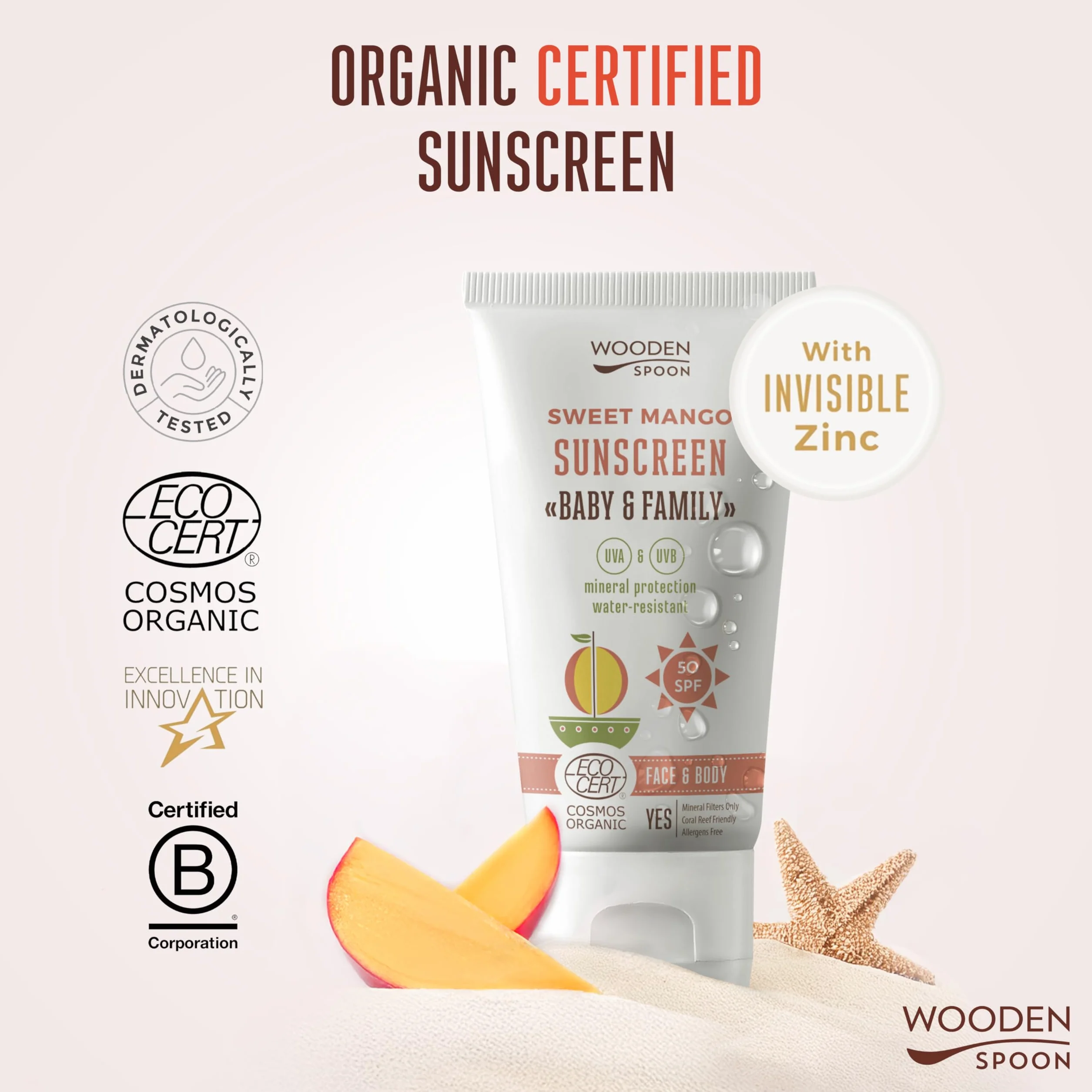 Organiczny krem przeciwsłoneczny Baby & Familie SPF 50 UVA UVB słodkie mango 150 ml