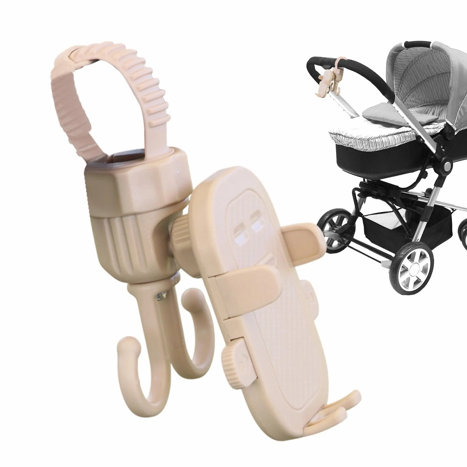 Stroller Phone Holder, 2-in-1 Smartphone Stand Stroller Hook, Multifunctional Holder, Secure Adjustable Grip Bag Hooks for Strollers, Grocery Carts, Bikes 15.5x8.5cm