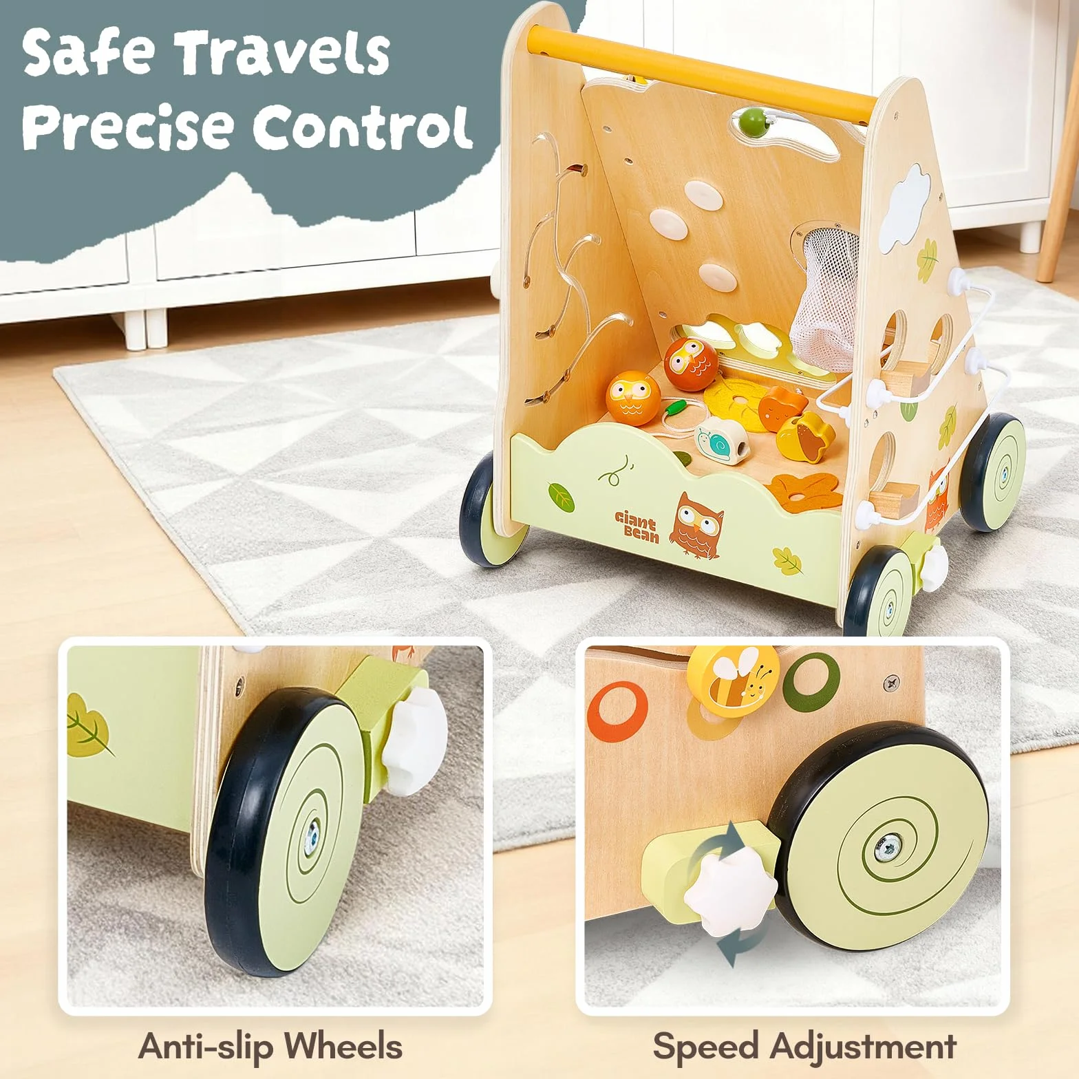 Drewniany Chodzik dla Dzieci Wooden Push Walker 8-w-1 z Centrum Aktywności, Regulowana Prędkość, Antypoślizgowe Kółka