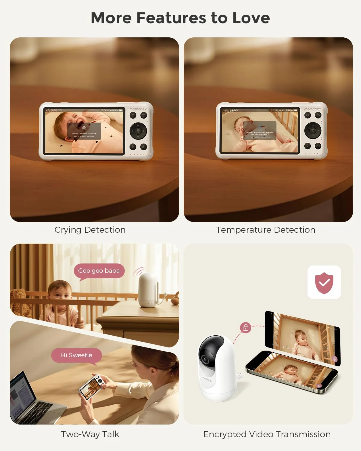 Monitor wideo dla niemowląt Momcozy BM04, 5-calowy monitor Wi-Fi 1080P, 4-krotny zoom, wykrywanie ruchu i płaczu, bezpieczna strefa, wyraźny obraz w nocy