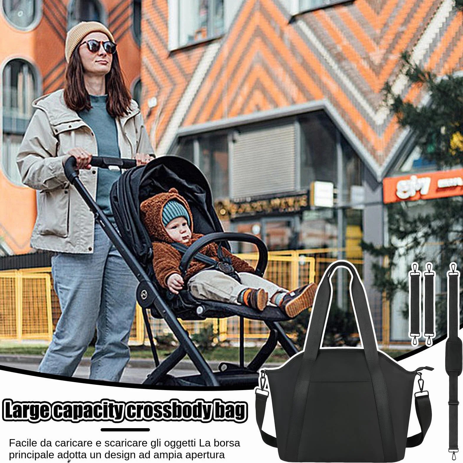 Stroller Diaper Bag, wodoodporna torba na pieluchy, torba na pieluchy, wielofunkcyjne torby na pieluchy, torby na pieluchy o dużej pojemności, 13,3 x 6,1 x 9,4 cm na mokre wycieraczki, pieluchy,