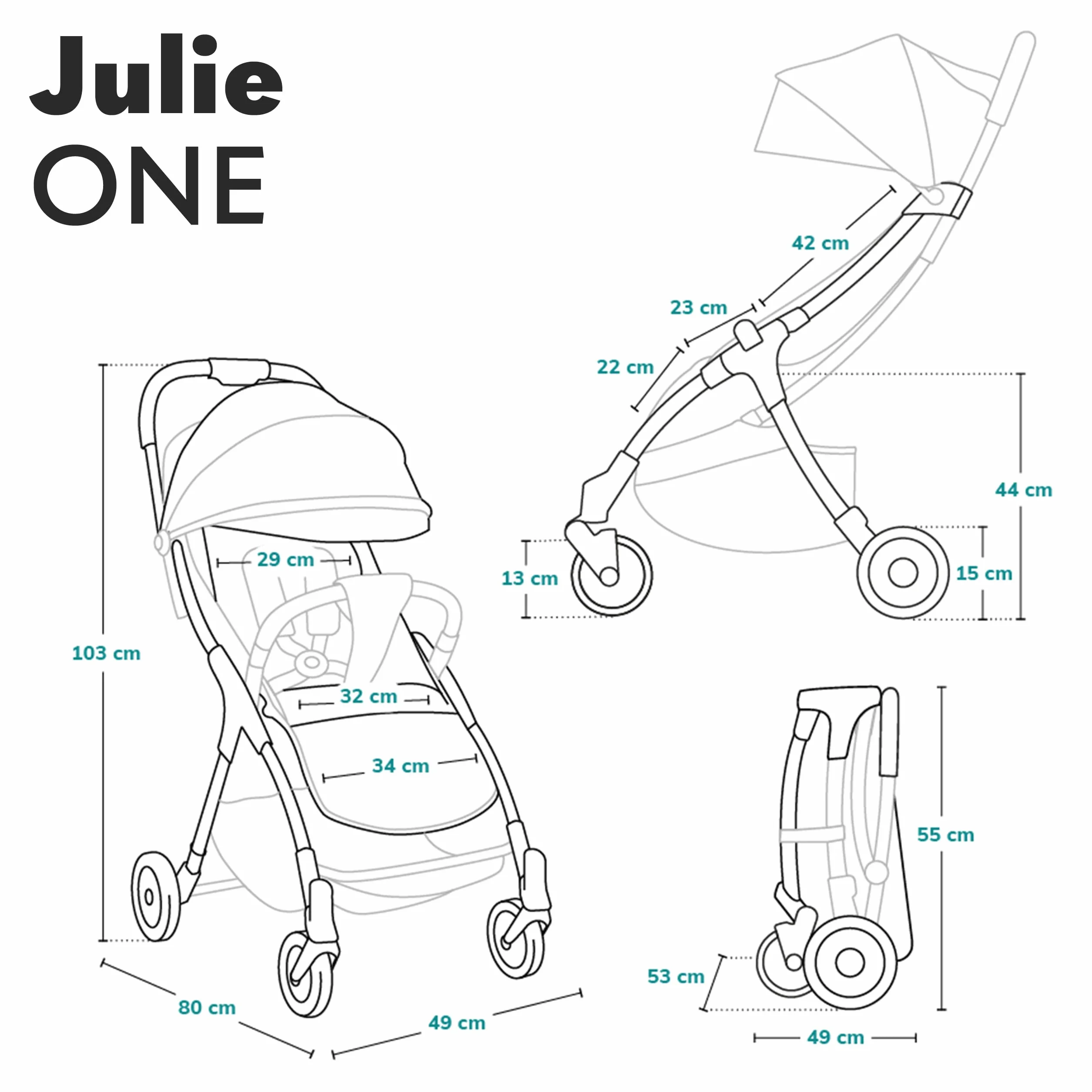 LIONELO Julie One wózek spacerowy do 22kg, regulacja oparcia od pozycji siedzącej do leżącej, regulowany podnóżek, ocieplacz na nóżki, moskitiera, torba do transportu