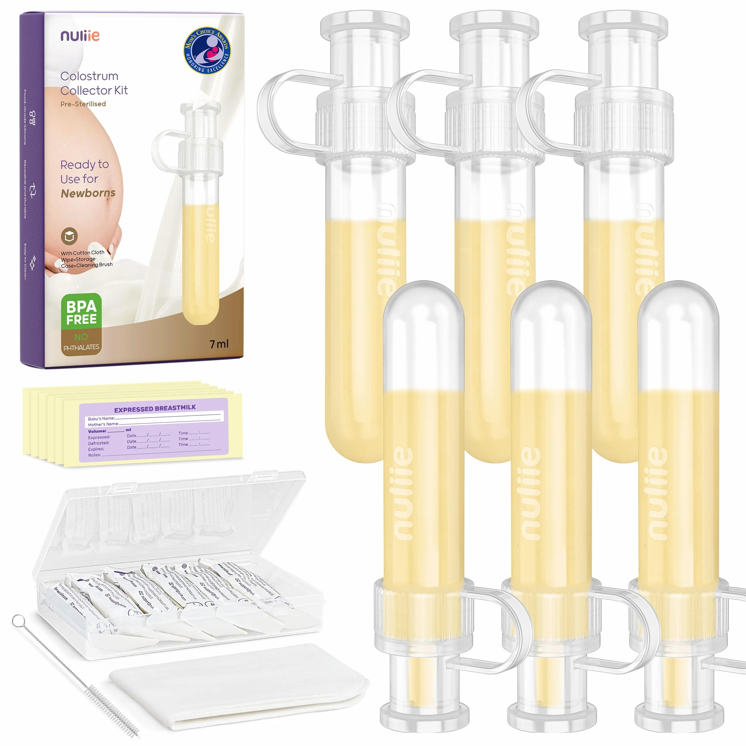 Nuliie Colostrum Collector Kit 7 ml/6 szt., nie zawiera BPA, wielokrotnego użytku, szczelny, z bawełnianą ściereczką, pojemnikiem do przechowywania, szczotką do czyszczenia, gotowy do użycia dla