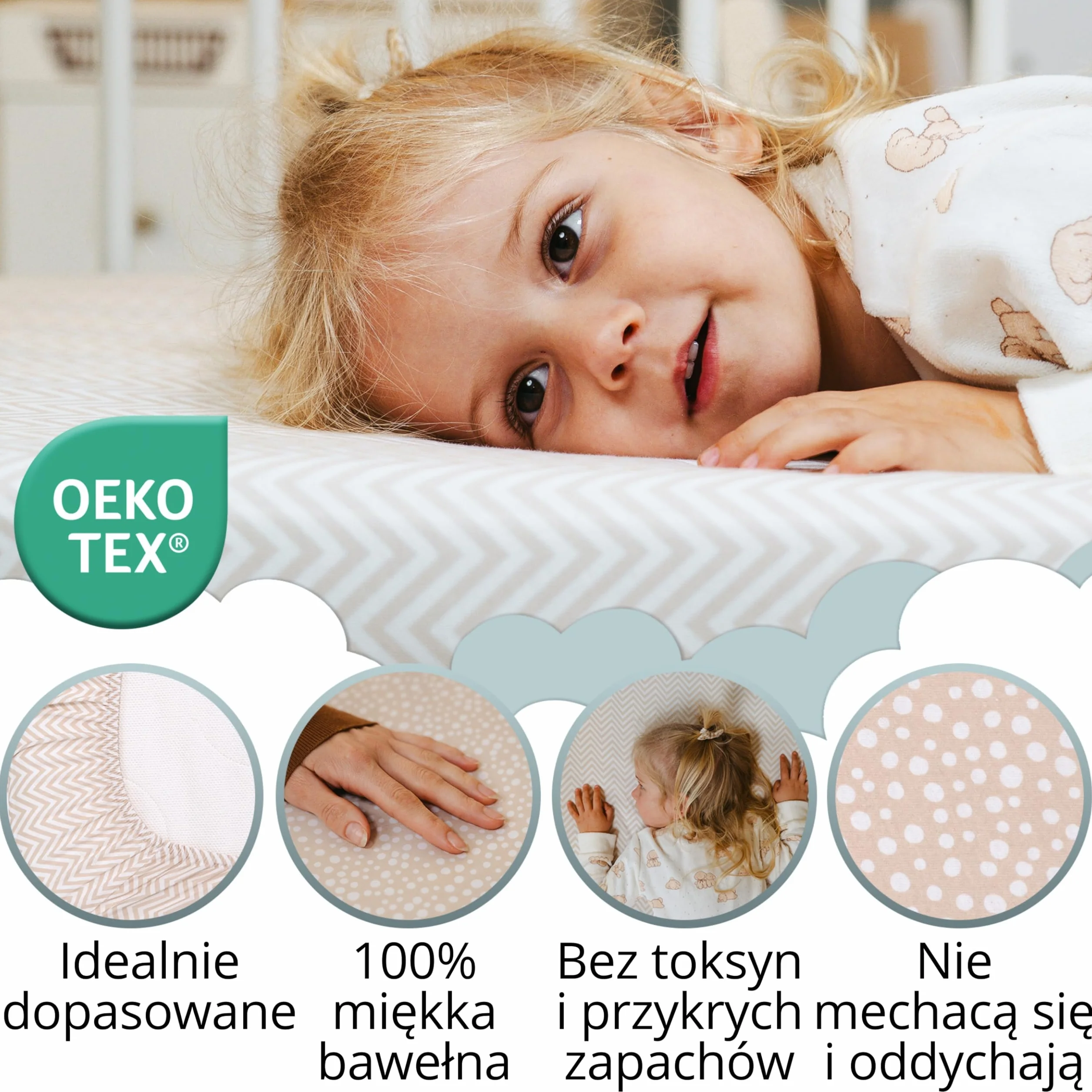Zestaw Prześcieradeł Łóżeczko Niemowlęce 60x120 / 60x125. 2 Prześcieradła z Gumką z Bawełny Jersey + 1 Wodoodporny Ochraniacz na Materac Frotte. OekoTex. Wzór Beżowy 125x60 / 120x60