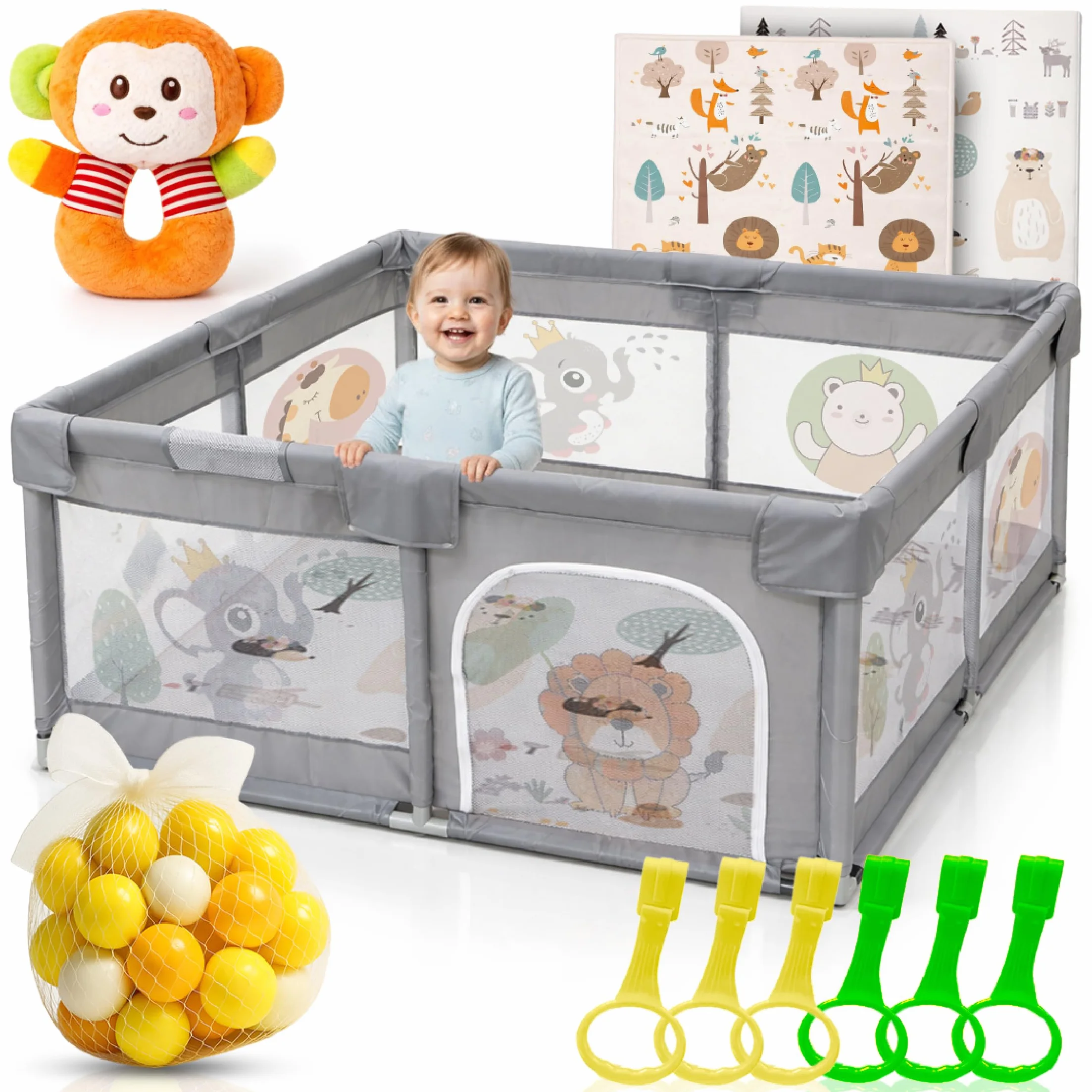Kojec dla dzieci + mata dla dzieci + 60 piłek + uchwyty + torby transportowe - kojec dla dzieci z oddychającą siatką - plac zabaw dla dzieci - Playpen dla dzieci (180x200cm)