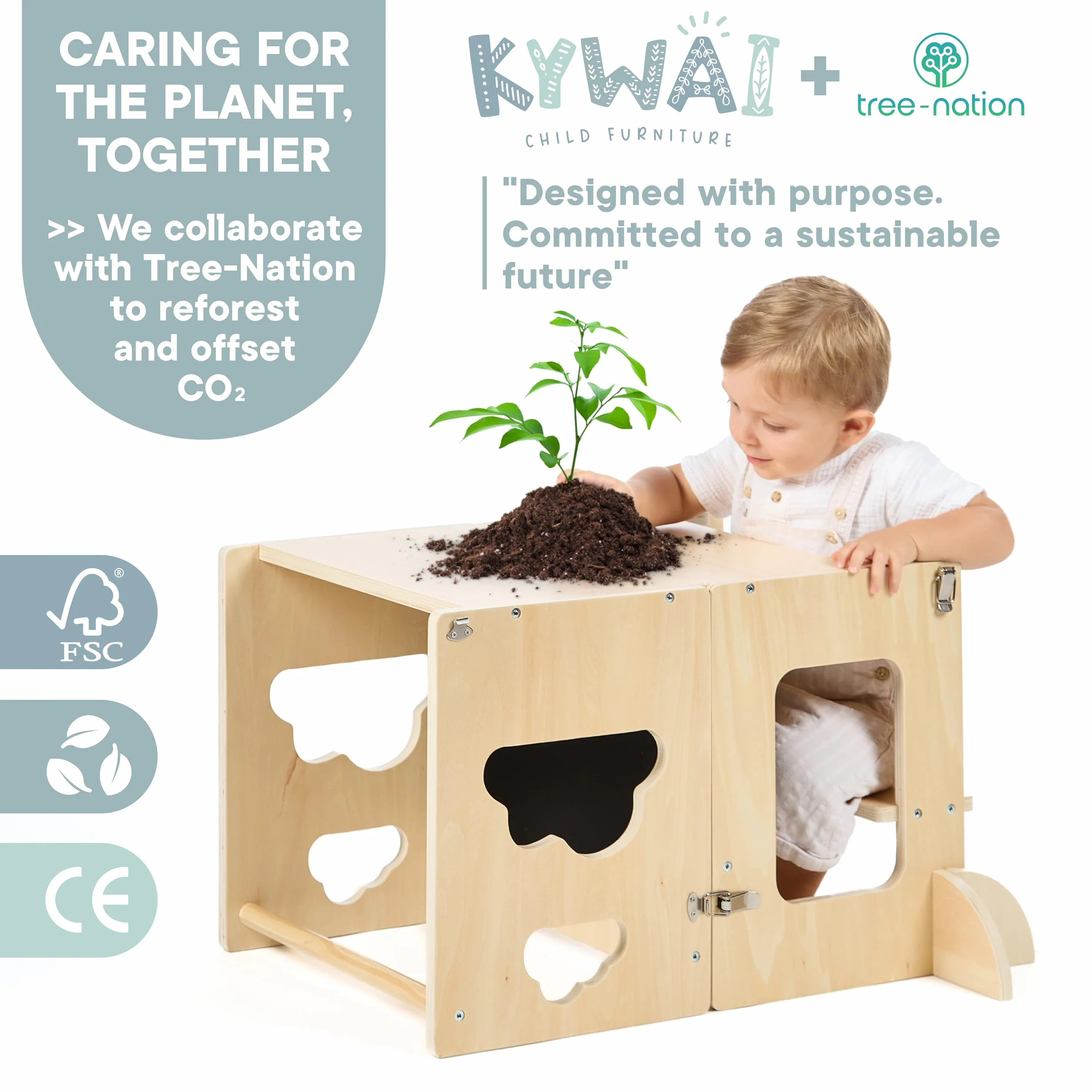 Wieża Montessori składana – krzesełko kuchenne dla dzieci 3 w 1 Premium: składana wieża edukacyjna, przekształcana w biurko z tablicą, drewno FSC, firma zrównoważona wspierająca zalesianie