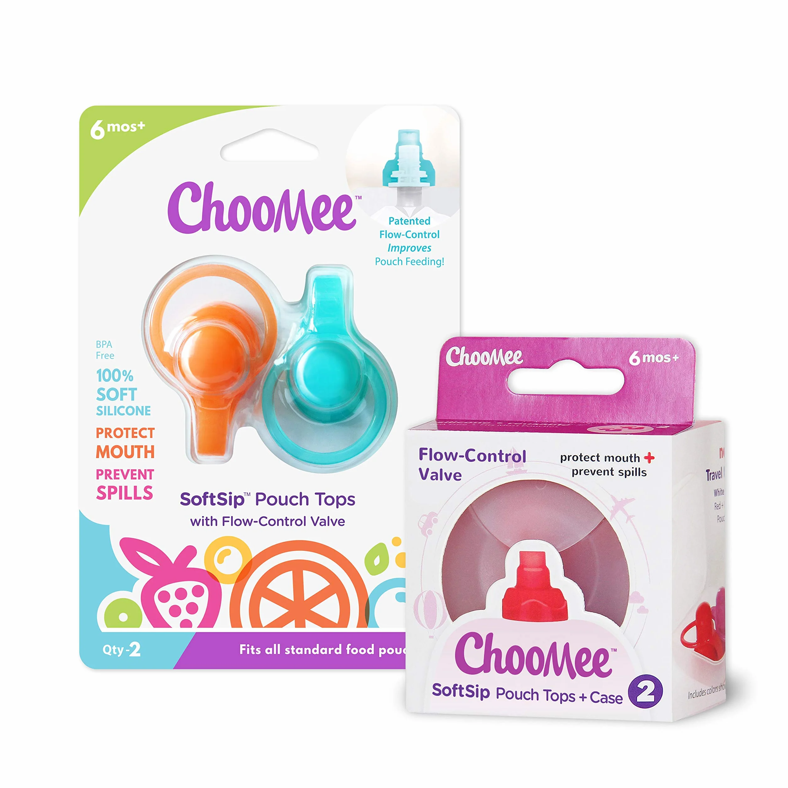 ChooMee SoftSip Food Pouch Topy | 4 kolory + białe etui | Zapobiegaj pilom i chroń dzieci usta