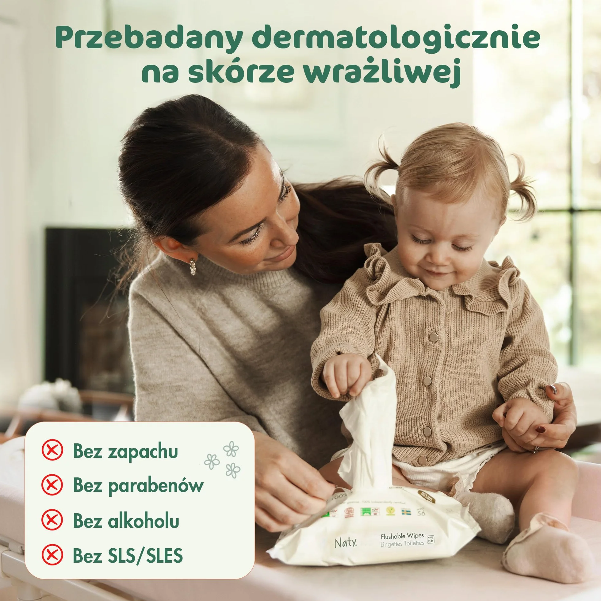 Chusteczki Nawilżane Spłukiwalne | 98% Wody, Hipoalergiczne & Naturalne dla Wrażliwej Skóry | Bez Zapachu, Roślinne | Delikatne Chusteczki Noworodek & Małe Dziecko | 168 sztuk (3 op.)