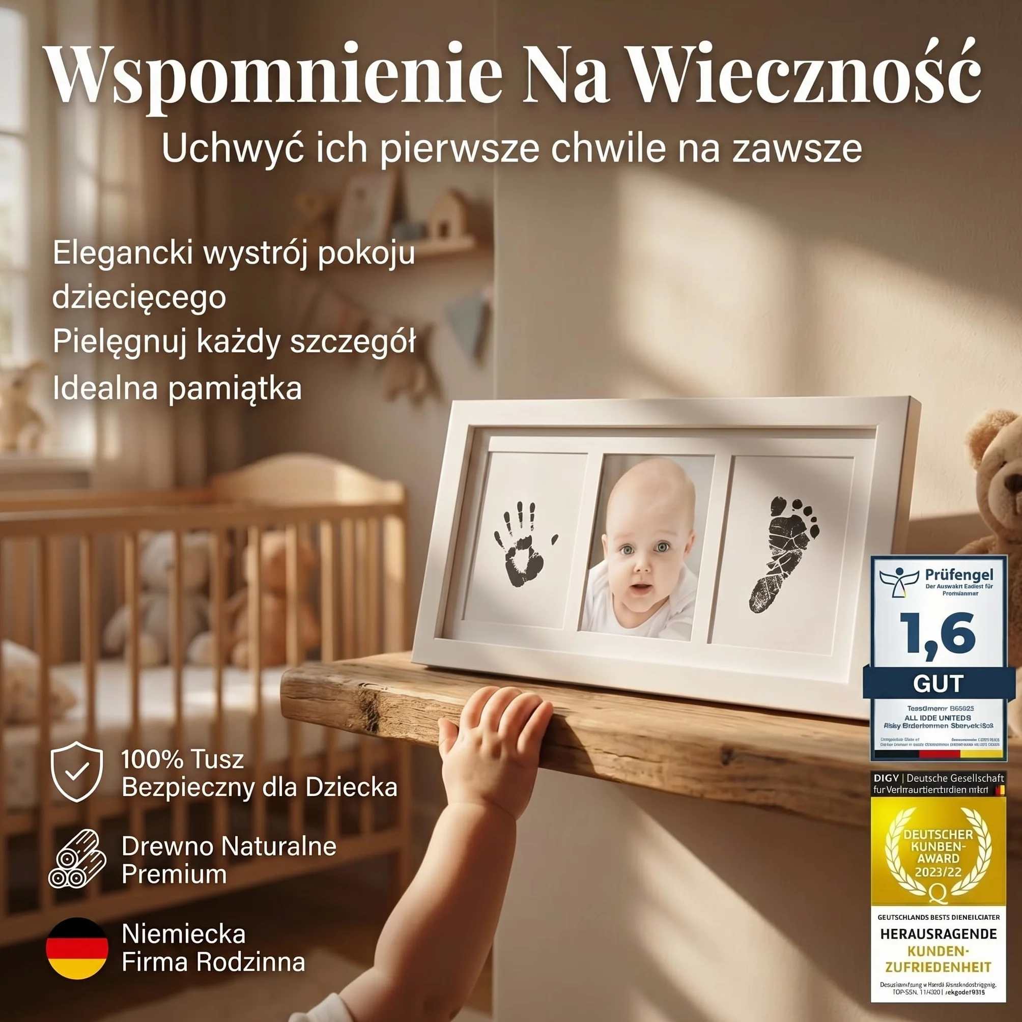 Baby Photo Frame Imprint/Ink Set - ramka na odciski dłoni, stóp i zdjęcia; zestaw upominkowy z okazji narodzin, chrztu, rozstania z dzieckiem itp. 3-częściowy biały (Atrament)
