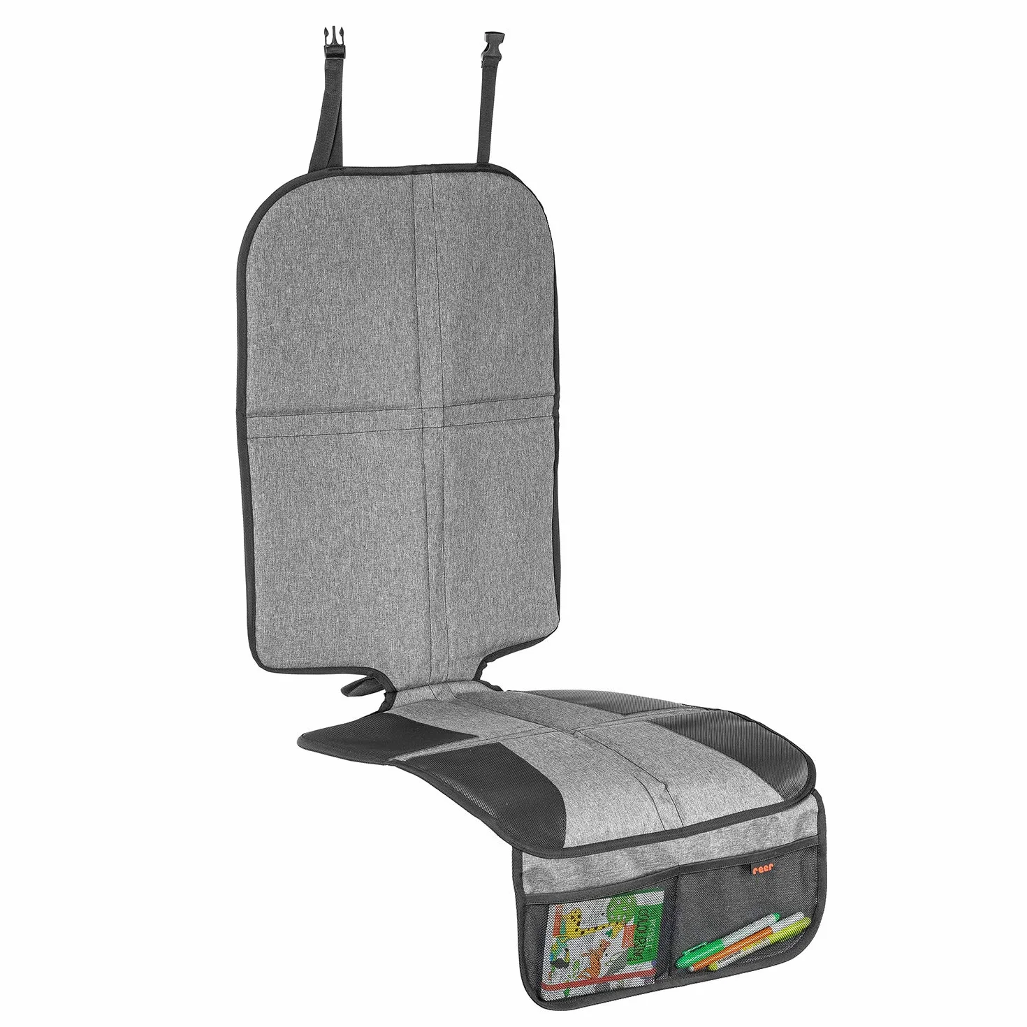 reer Podkładka pod fotelik dziecięcy TravelKid MaxiProtect, podkładka ochronna na fotel samochodowy z ochroną oparcia, antypoślizgowa podkładka, nadaje się do wszystkich tradycyjnych modeli, szara