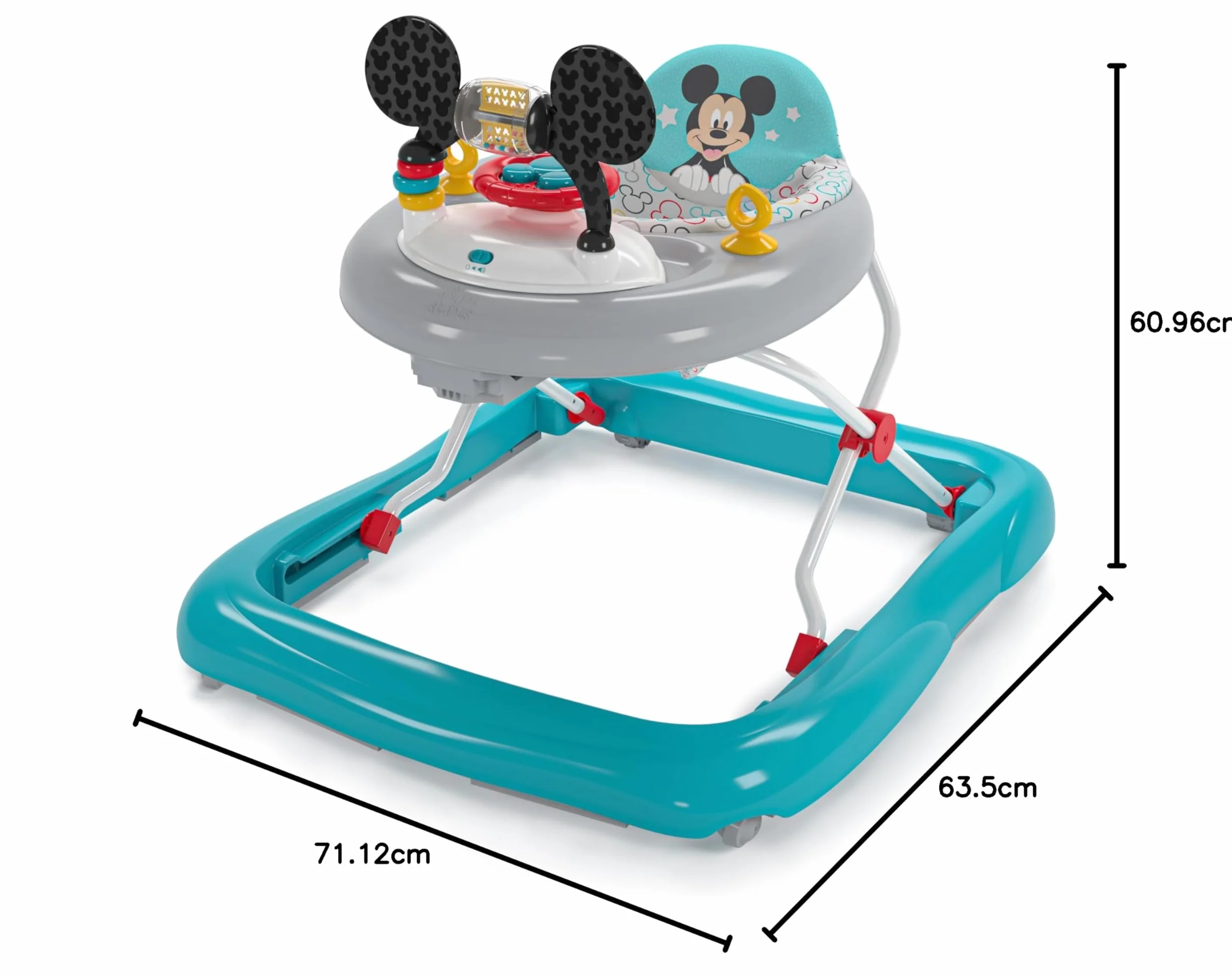 Bright Starts, Disney Baby, Myszka Miki, oryginalna bestie chodzik do aktywności 2 w 1, ze zdejmowaną stacją zabawkową ze światłami, piosenkami i dźwiękami, regulowana wysokość, łatwy do czyszczenia,